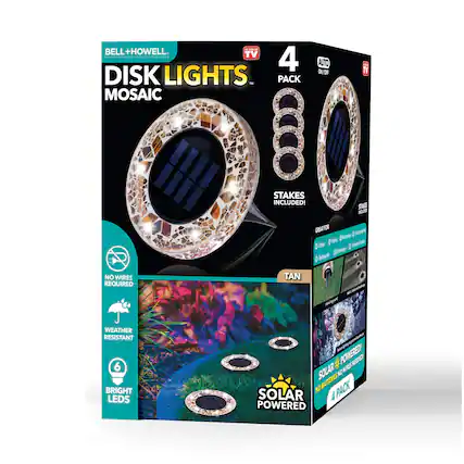 BELL+HOWELL
DISK LIGHTS
MOSAIC
4 PACK
AUTO ON/OFF
STAKES INCLUDED!
NO WIRES REQUIRED
WEATHER RESISTANT
6 BRIGHT LEDS
SOLAR POWERED
NO BATTERIES PACK