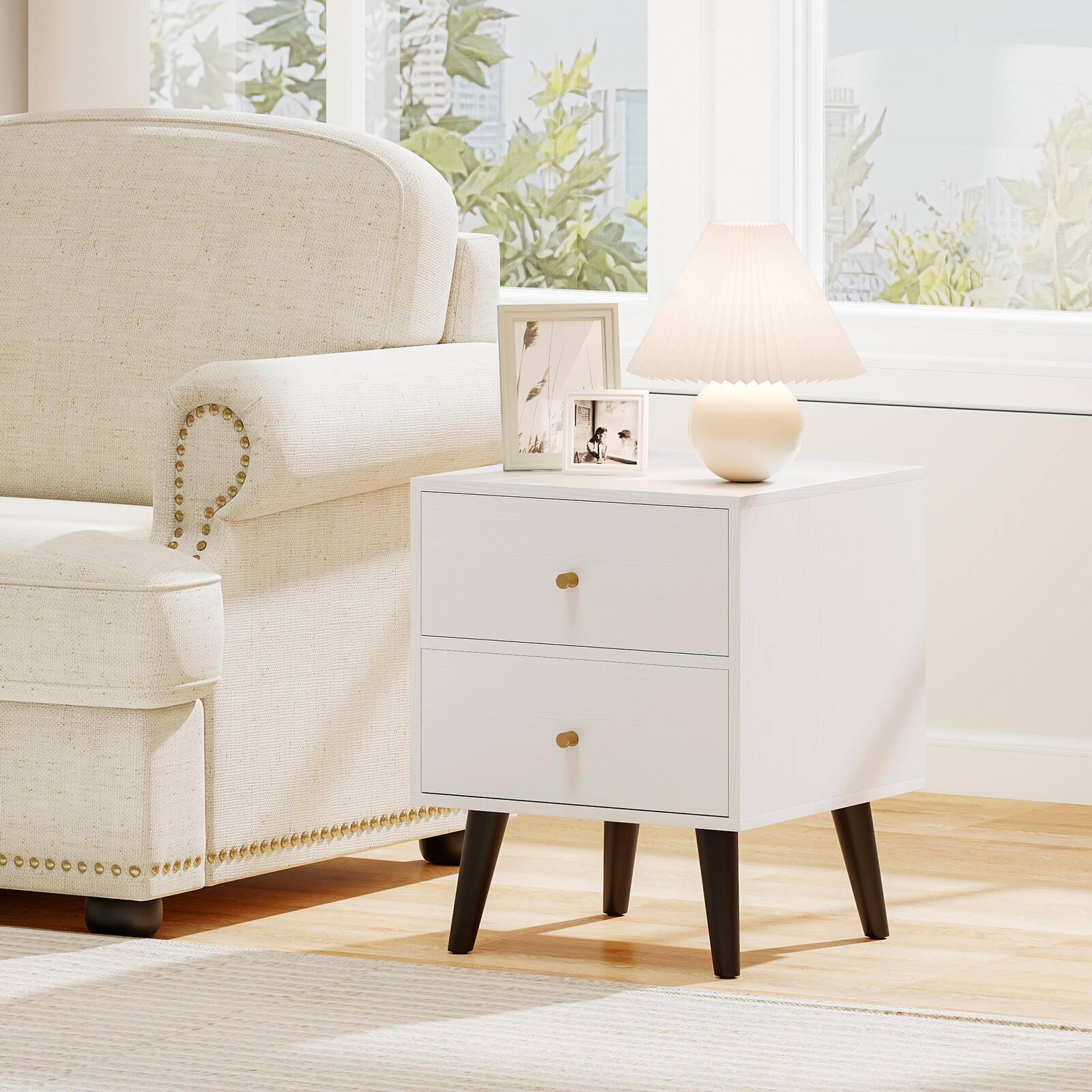 Alt View 1. Costway - Costway Nightstand with 2 Drawer with Storage, Small Accent Table with Golden Knobs - White,Black.