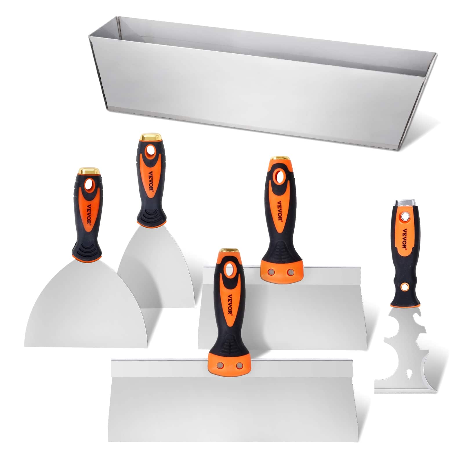 "VEVOR - Drywall Knife Set, 6 PCS Drywall Tools Includes 3"" Painter Scraper, Two Putty Knives, Two Taping Knives and 12"" Mud Pan - Silver + Orange" price history on PriceWatchPro