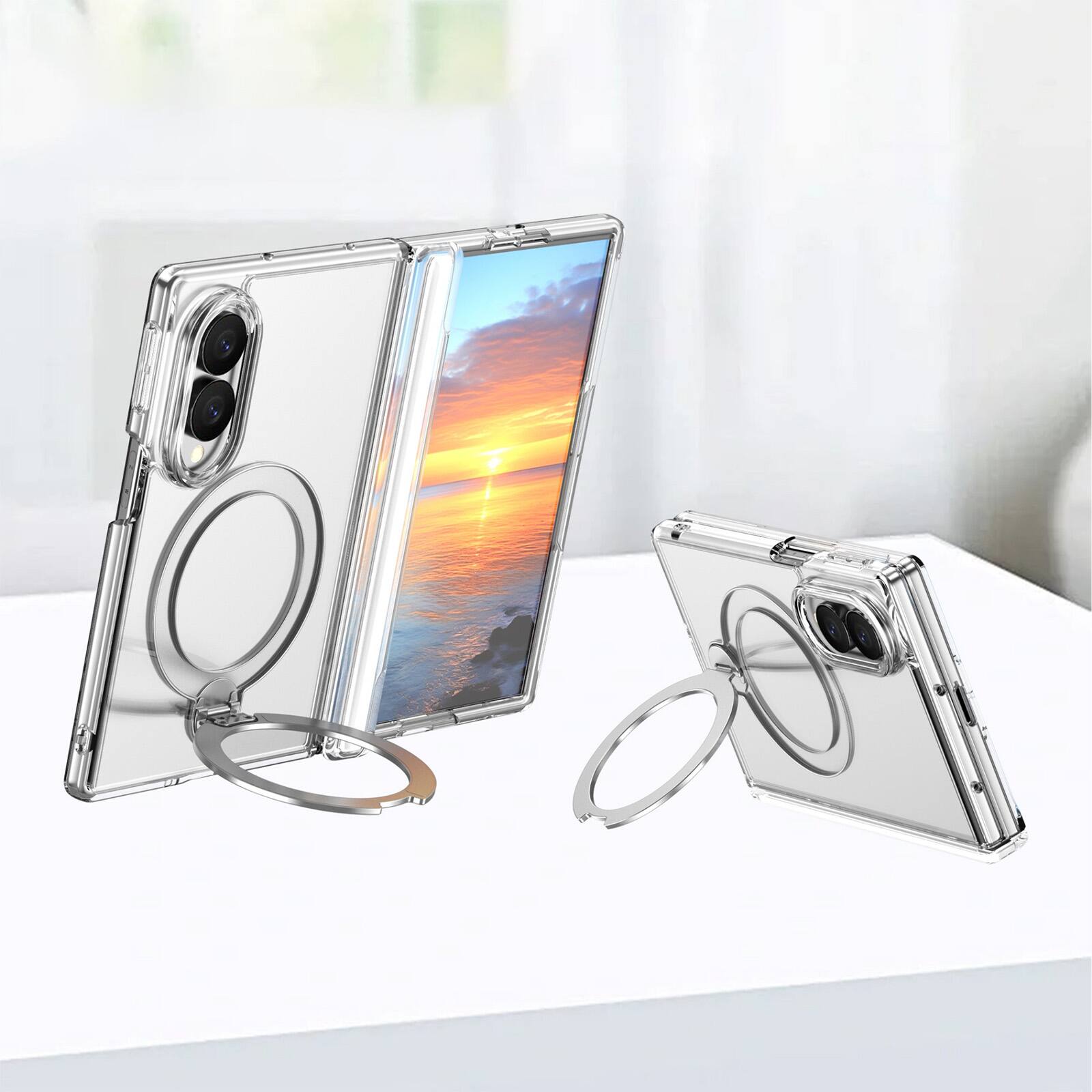 Angle. Dteck - For Samsung Galaxy Z Fold8 Magnetic Case Built-in Screen Protector,Shockproof Ring Stand Clear Back Hinge Protect Cover - Clear.
