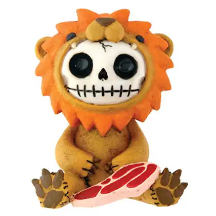 Front. Pacific Trading - Furrybones Raion Skeleton in a Lion Costume with a Steak Figurine Statuette - Orange.
