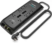 The image features a black electrical outlet with a surge protector plugged into it. The surge protector is designed to protect electronic devices from power surges and spikes, ensuring their safe operation. The surge protector is connected to a charger, which is likely used to charge a device. The outlet is grounded, ensuring a safe and stable power supply for the connected devices.