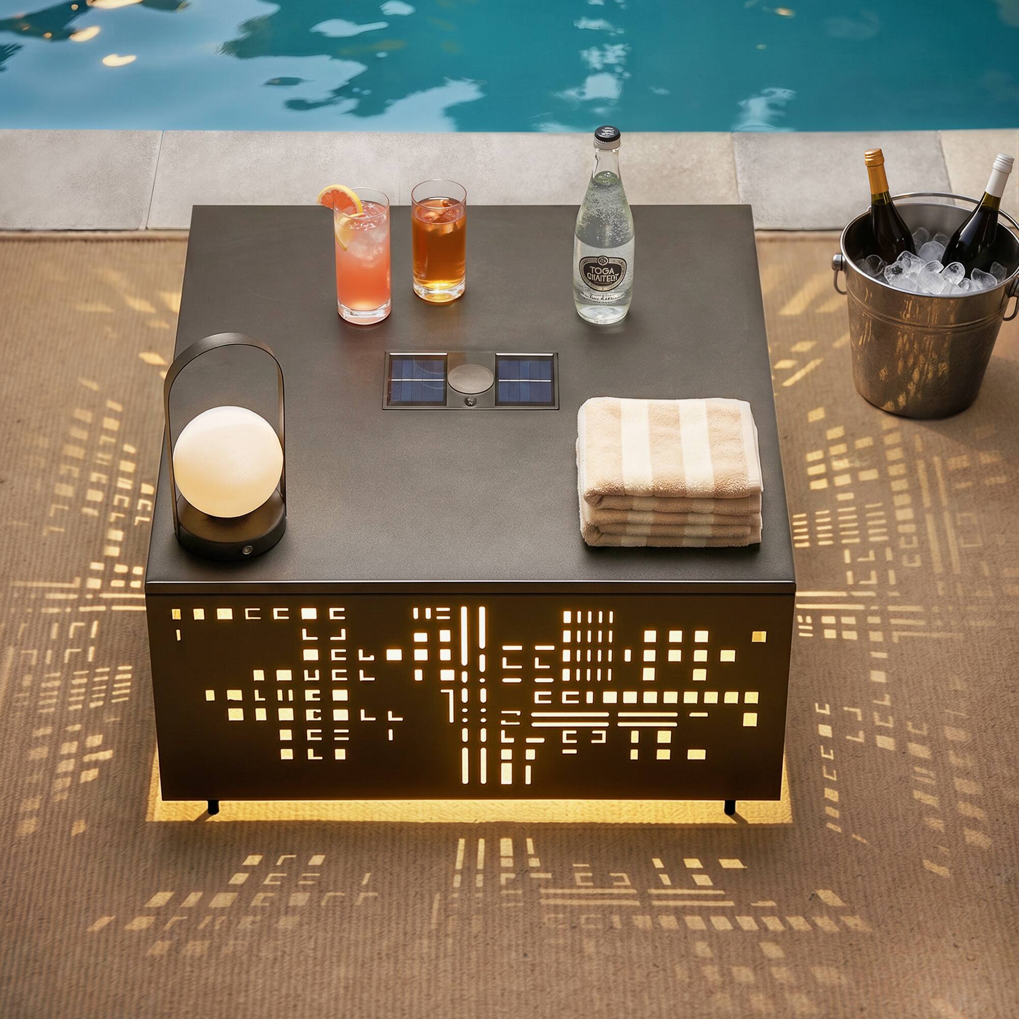 Alt View 6. Ovios - Patio Coffee Table Outdoor Metal Table with Solar Light for Balcony - Gray.