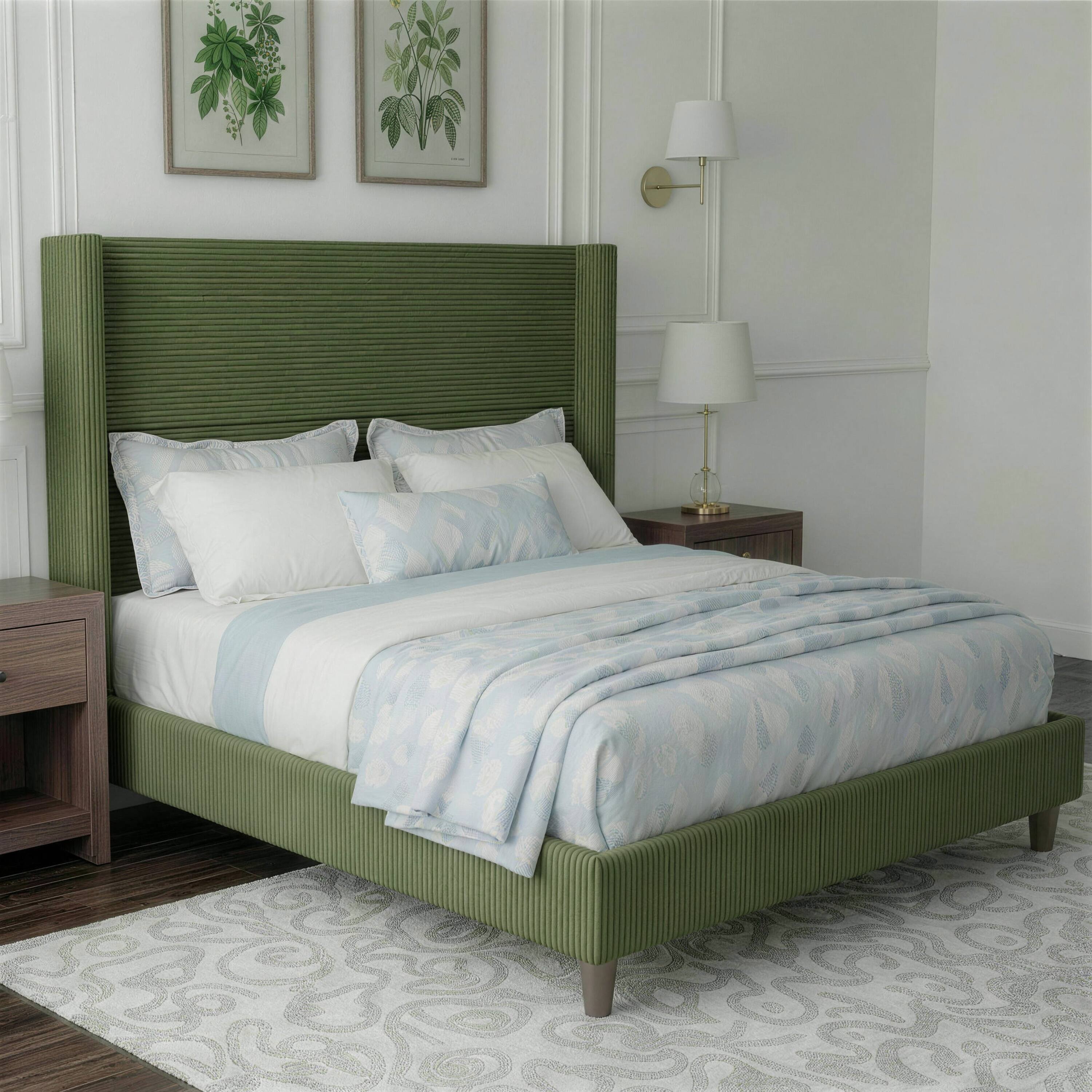Left. Dyonery - Queen Bed Frame, Upholstered Platform Bed, Adjustable Vertical Channel Tufted Headboard, Corduroy Fabric. - Green.