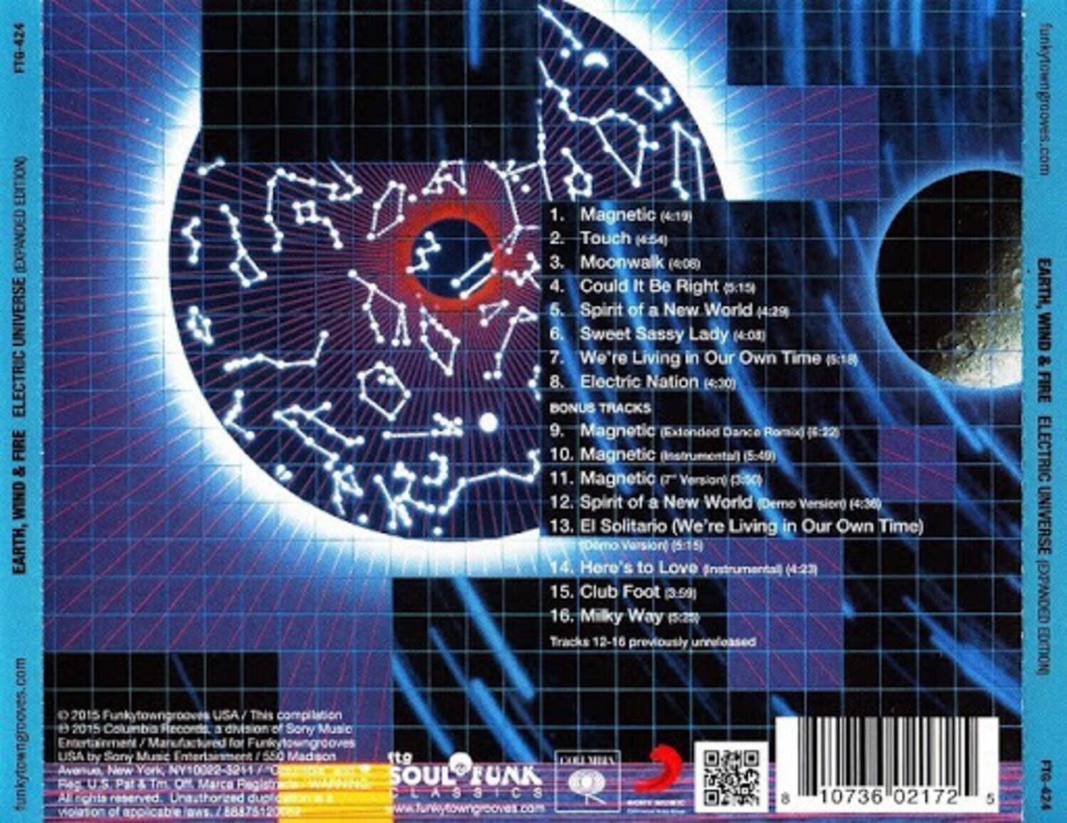 FTG-424 EDITION (EXPANDED UNIVERSE ELECTRIC FIRE & WIND EARTH, funkytowngrooves.com)

1. Magnetic (4:19)  
2. Touch (4:54)  
3. Moonwalk (4:08)  
4. Could It Be Right (4:15)  
5. Spirit of a New World (4:29)  
6. Sweet Sassy Lady (4:05)  
7. We're Living in Our Own Time (5:18)  
8. Electric Nation (4:30)  

BONUS TRACKS  
9. Magnetic (Extended Dance Remix) (6:22)  
10. Magnetic (Instrumental) (5:40)  
11. Magnetic (Version) (S)  
12. Spirit of a New World (Demo Version) (4:36)  
13. El Solitario (We're Living in Our Own Time) (Demo Version) (5:15)  
14. Here's to Love (Instrumental) (4:20)  
15. Club Foot (3:59)  
16. Milky Way (