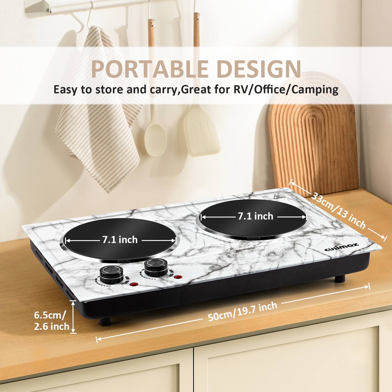 PORTABLE DESIGN  
Easy to store and carry, Great for RV/Office/Camping  

- 7.1 inch  
- 33cm/13 inch  
- 6.5cm/2.6 inch  
- 50cm/19.7 inch