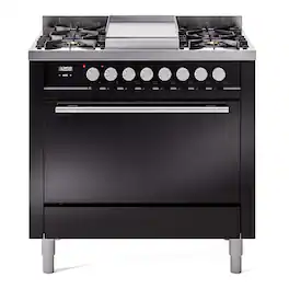 ILVE - Professional Plus II Series 36 in. Dual Fuel Range with 6 Sealed Burners + Griddle (Natural Gas, Satin Trim) - Glossy Black