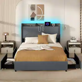 LUCKY ONE - Queen Assembled Platform Bed Frame with LED Lights Charging Station Wingback Headboard Drawers - Grey-Queen