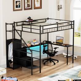 Spaco - Full Metal Loft Bed, Bunk Bed with Built-in L-Shaped Desk, USB Charging, LED Lights, Storage Cabinet, Safety Rails - Black