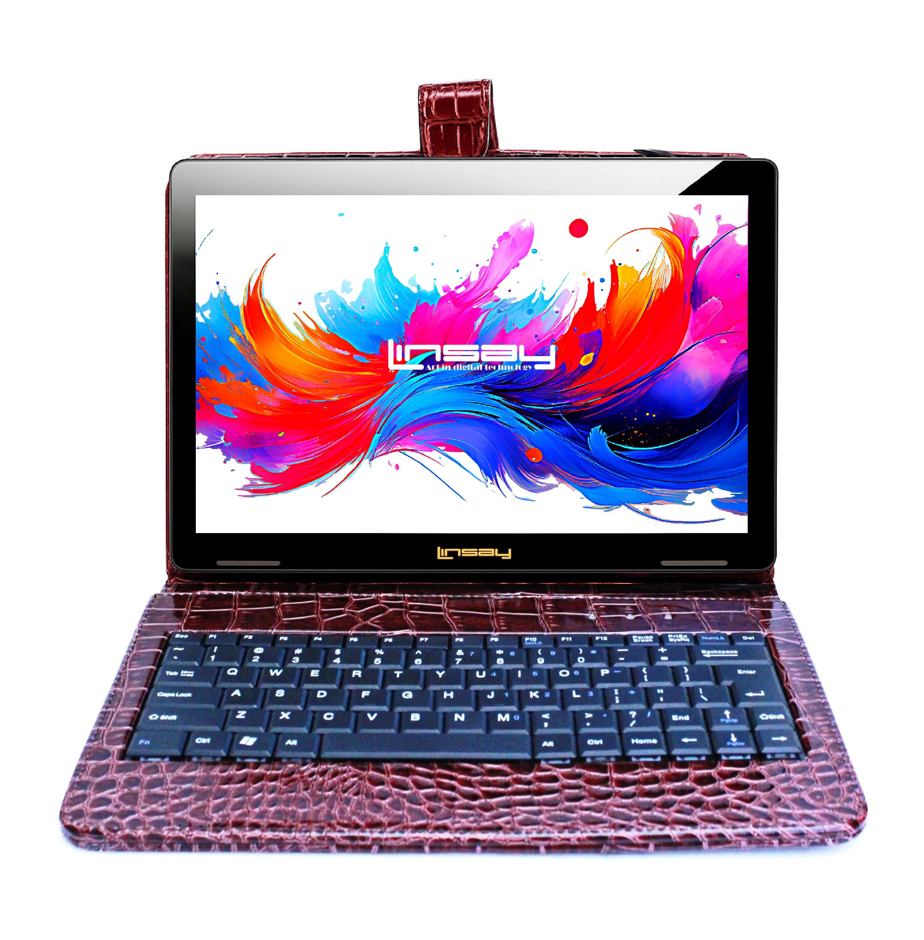 LINSAY - 10.1" Octa Core 256GB Storage Android 15 Tablet with Crocodile Keyboard - Brown