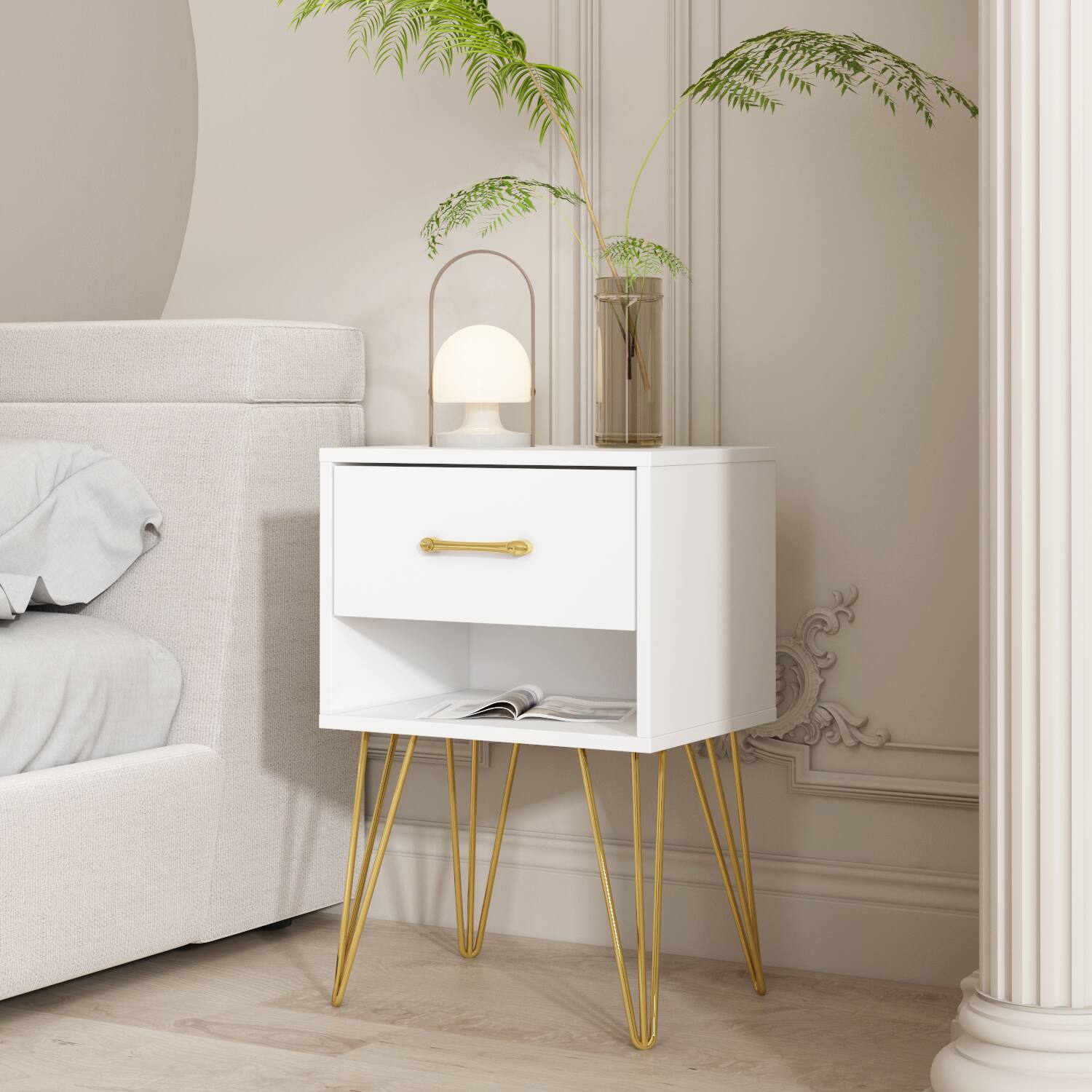 Alt View 7. FUFU & GAGA - FUFU&GAGA Nightstand with Gold Hairpin Legs: Modern Open - Shelf Storage - White.