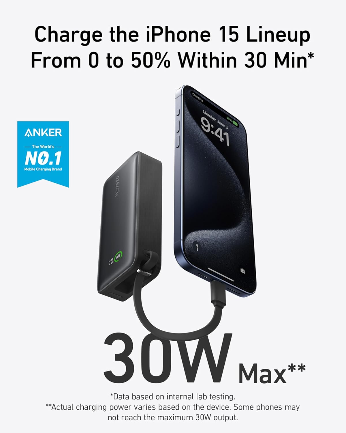 Charge the iPhone 15 Lineup From 0 to 50% Within 30 Min*

ANKER  
The World's NO.1 Mobile Charging Brand

30W Max**

*Data based on internal lab testing.  
**Actual charging power varies based on the device. Some phones may not reach the maximum 30W output.