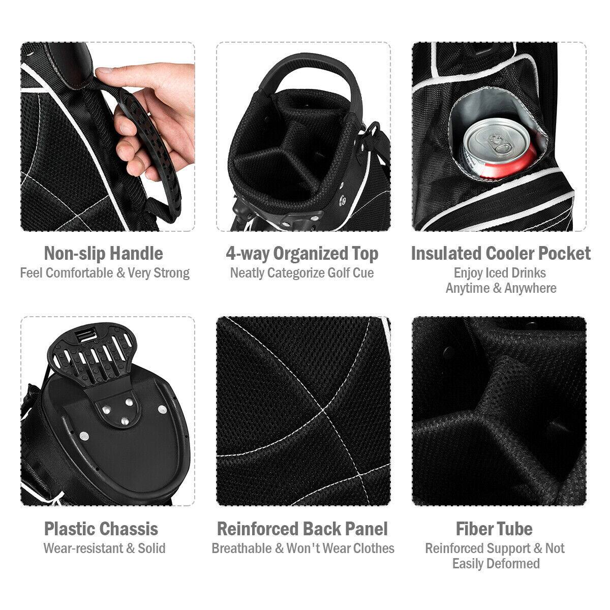 - Non-slip Handle  
  Feel Comfortable & Very Strong

- 4-way Organized Top  
  Neatly Categorize Golf Cue

- Insulated Cooler Pocket  
  Enjoy Iced Drinks Anytime & Anywhere

- Plastic Chassis  
  Wear-resistant & Solid

- Reinforced Back Panel  
  Breathable & Won't Wear Clothes

- Fiber Tube  
  Reinforced Support & Not Easily Deformed