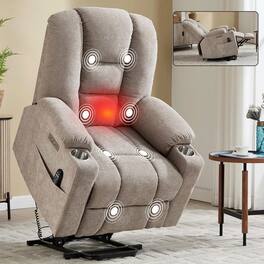Kadyn - Power Lift Recliner Chair, Massage & Heat, Dual USB Ports, Cup Holders, 155° Recline, khaki - Brown