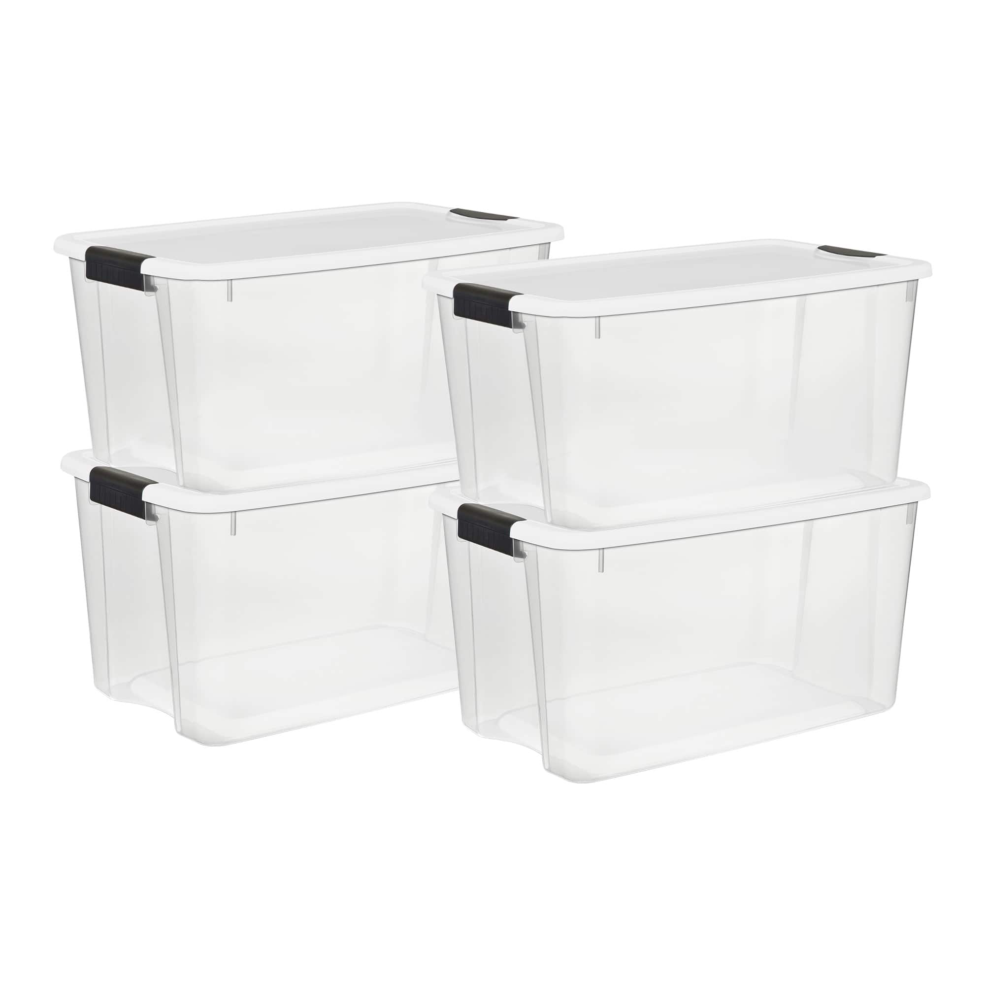 Front. Sterilite - Sterilite 70 Qt Clear Plastic Stackable Storage Bin with Latching Lid, (4 Pack) - Clear.