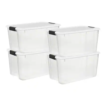 Front. Sterilite - Sterilite 70 Qt Clear Plastic Stackable Storage Bin with Latching Lid, (4 Pack) - Clear.