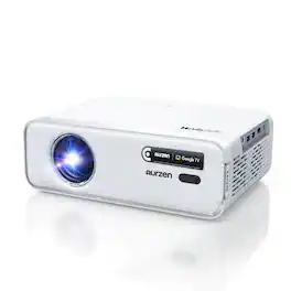 Aurzen - Google TV Smart Projector, Native 1080p Auto Focus & Keystone, Dolby Audio, Zoom, Mini Projector for Home Outdoor - White