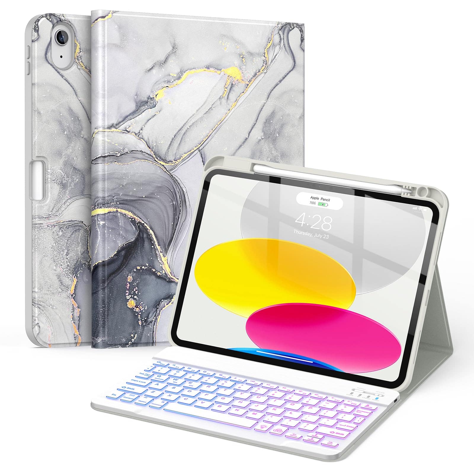 Pacoar Cade - For Ipad (a16) 11th/10th Generation Case With Keyboard(2025/2022)-7 Color Backlight Wireless Detachable Folio Cover - Grey Marble