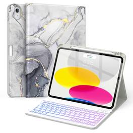 Pacoar Cade - For Ipad (a16) 11th/10th Generation Case With Keyboard(2025/2022)-7 Color Backlight Wireless Detachable Folio Cover - Grey Marble