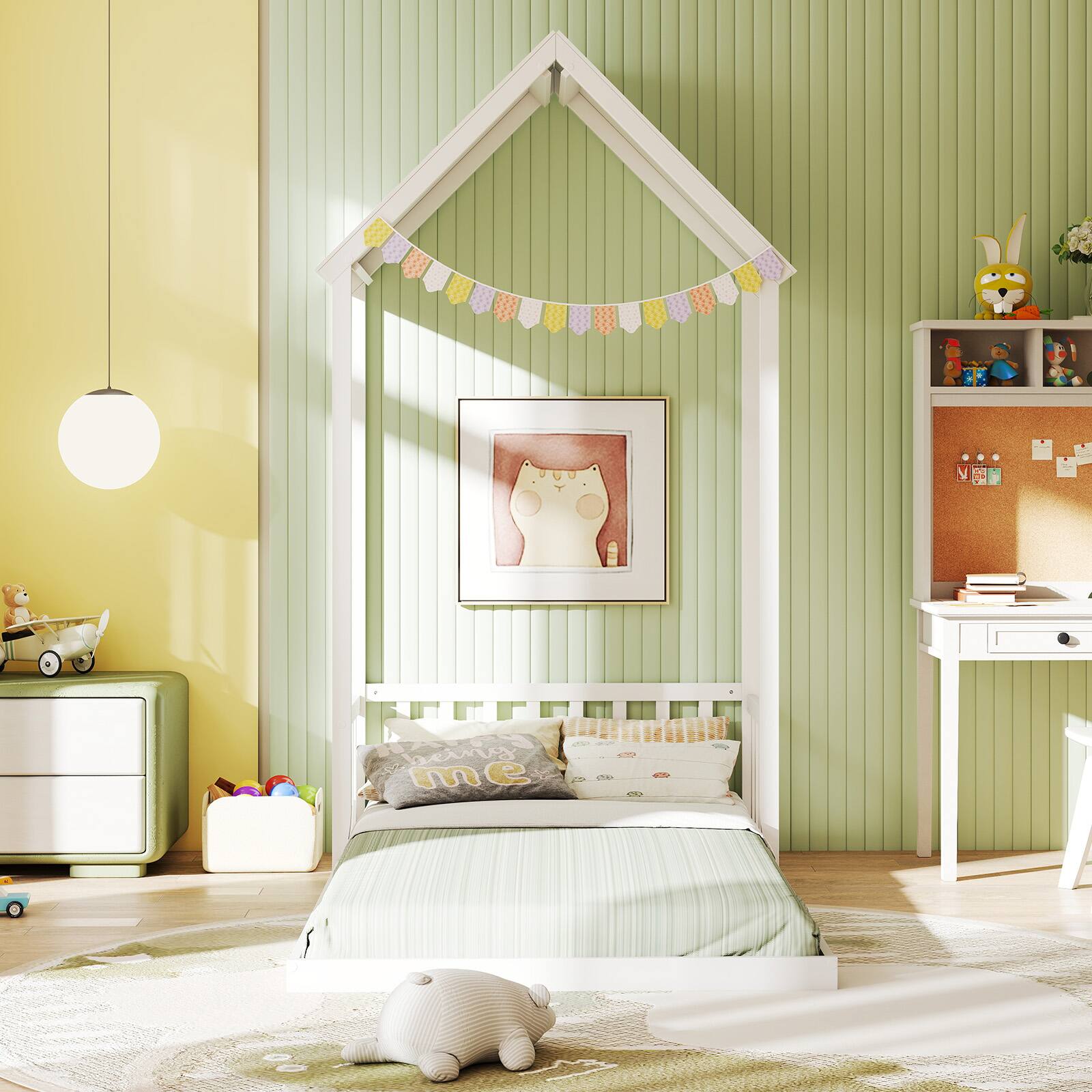 Alt View 2. Costway - Costway Twin Size House Bed Montessori Floor Bed with House Shape Roof & Semi-Fence - White.