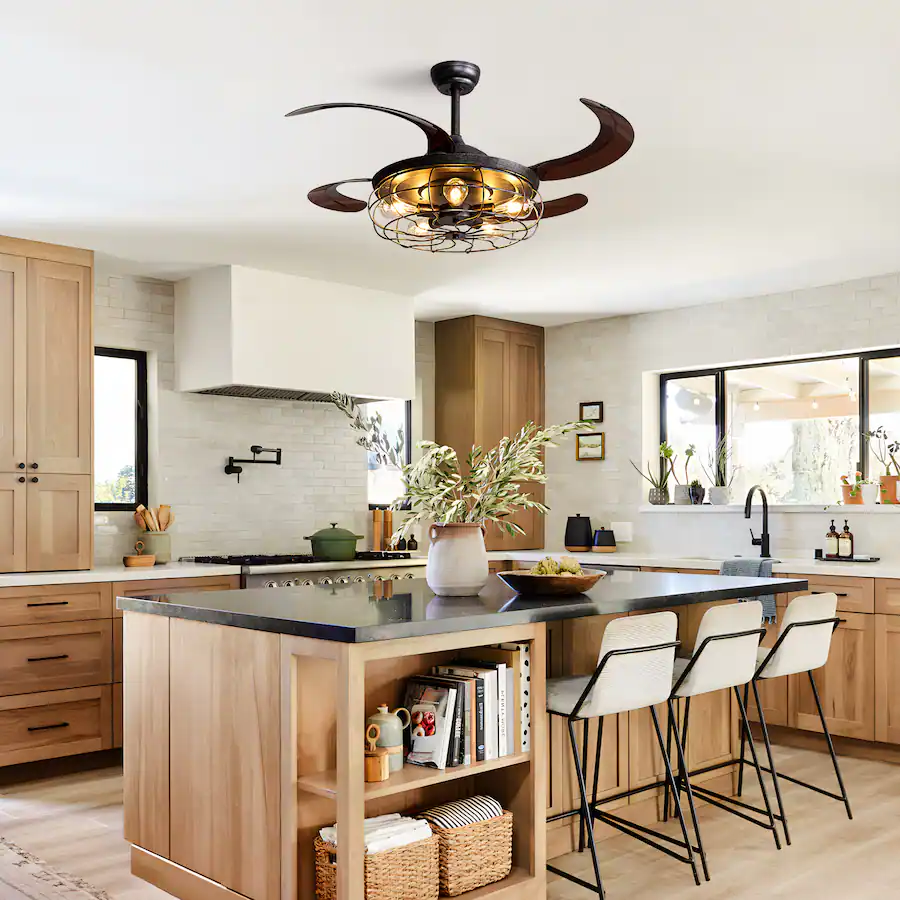 Siljoy 48 Inch Vintage Metal Cage Retractable Ceiling Fan Light 5 ...