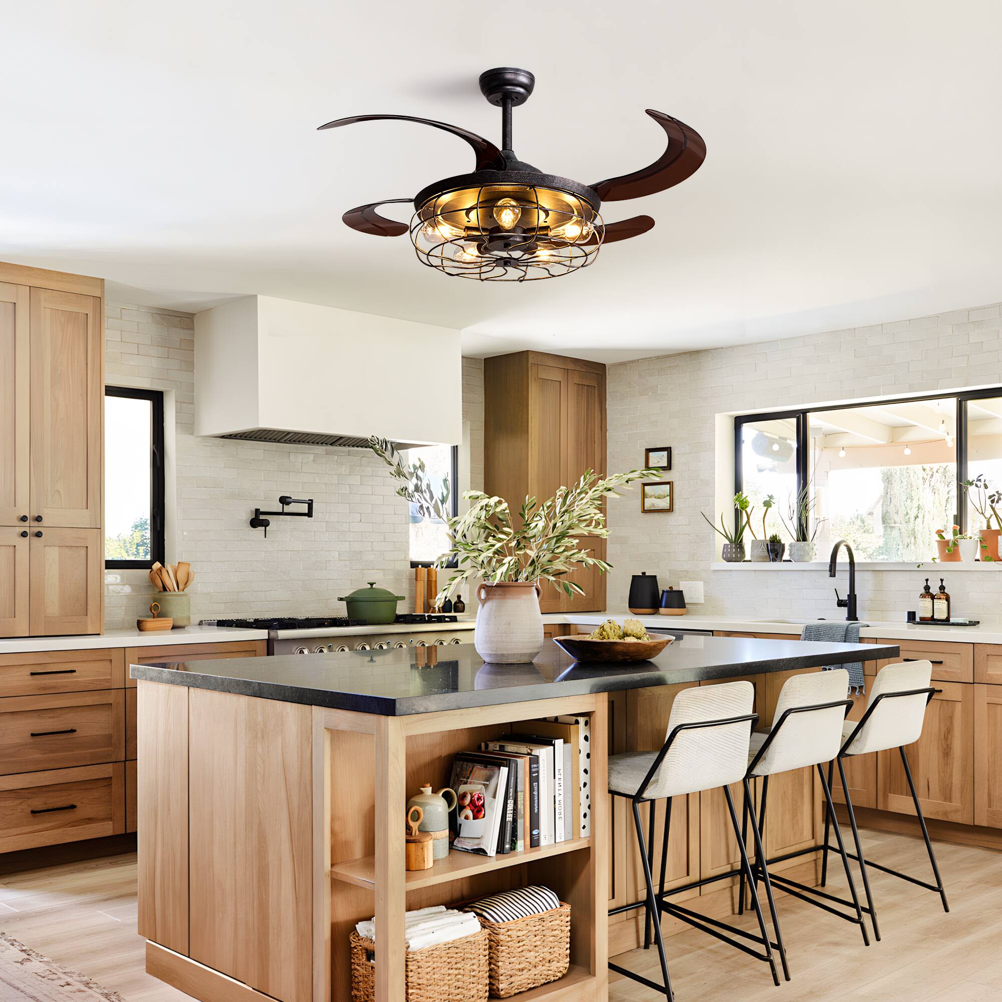 Back. Siljoy - 48 Inch Vintage Metal Cage Retractable Ceiling Fan Light 5 Dimmable Lamps Adjustable Downrod for Living Room Dining Room - Brown.