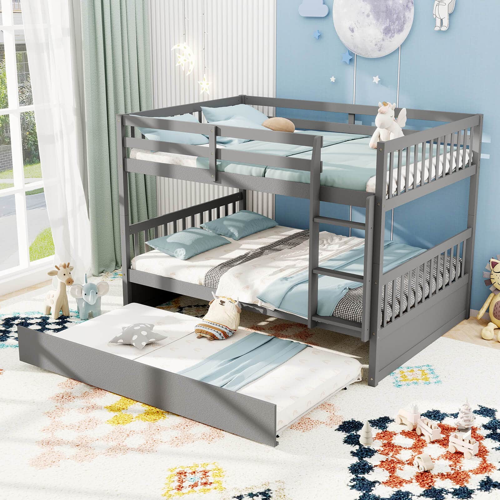 Costway Full over Full Bunk Bed with Trundle & Ladder Rail - Thumbnail 5