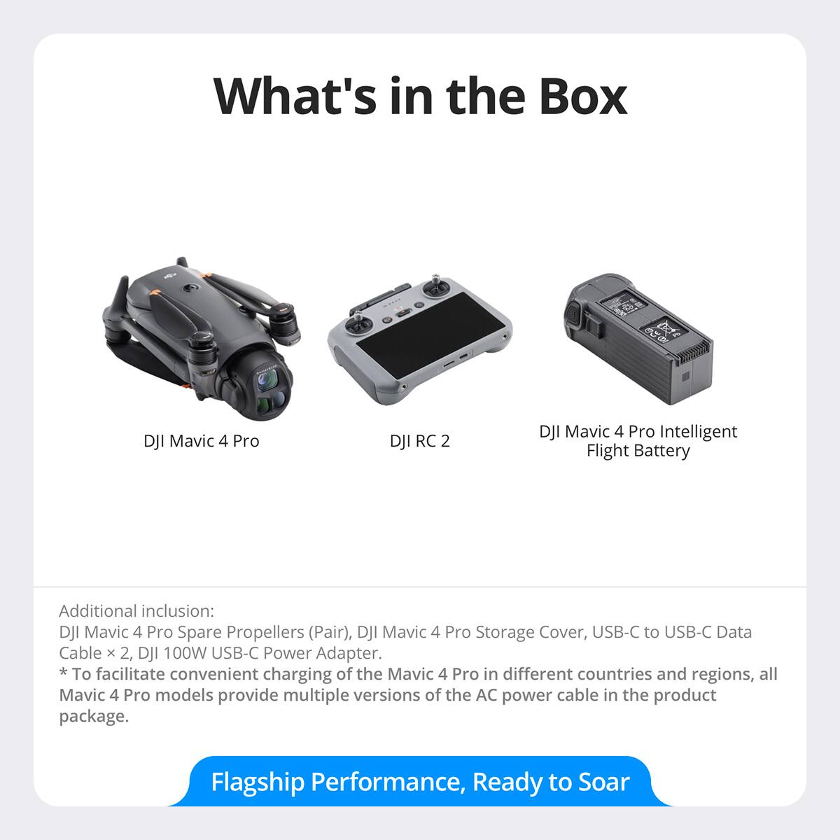 What's in the Box

- DJI Mavic 4 Pro
- DJI RC 2
- DJI Mavic 4 Pro Intelligent Flight Battery

Additional inclusion:
- DJI Mavic 4 Pro Spare Propellers (Pair)
- DJI Mavic 4 Pro Storage Cover
- USB-C to USB-C Data Cable x 2
- DJI 100W USB-C Power Adapter

*To facilitate convenient charging of the Mavic 4 Pro in different countries and regions, all Mavic 4 Pro models provide multiple versions of the AC power cable in the product package.

Flagship Performance, Ready to Soar