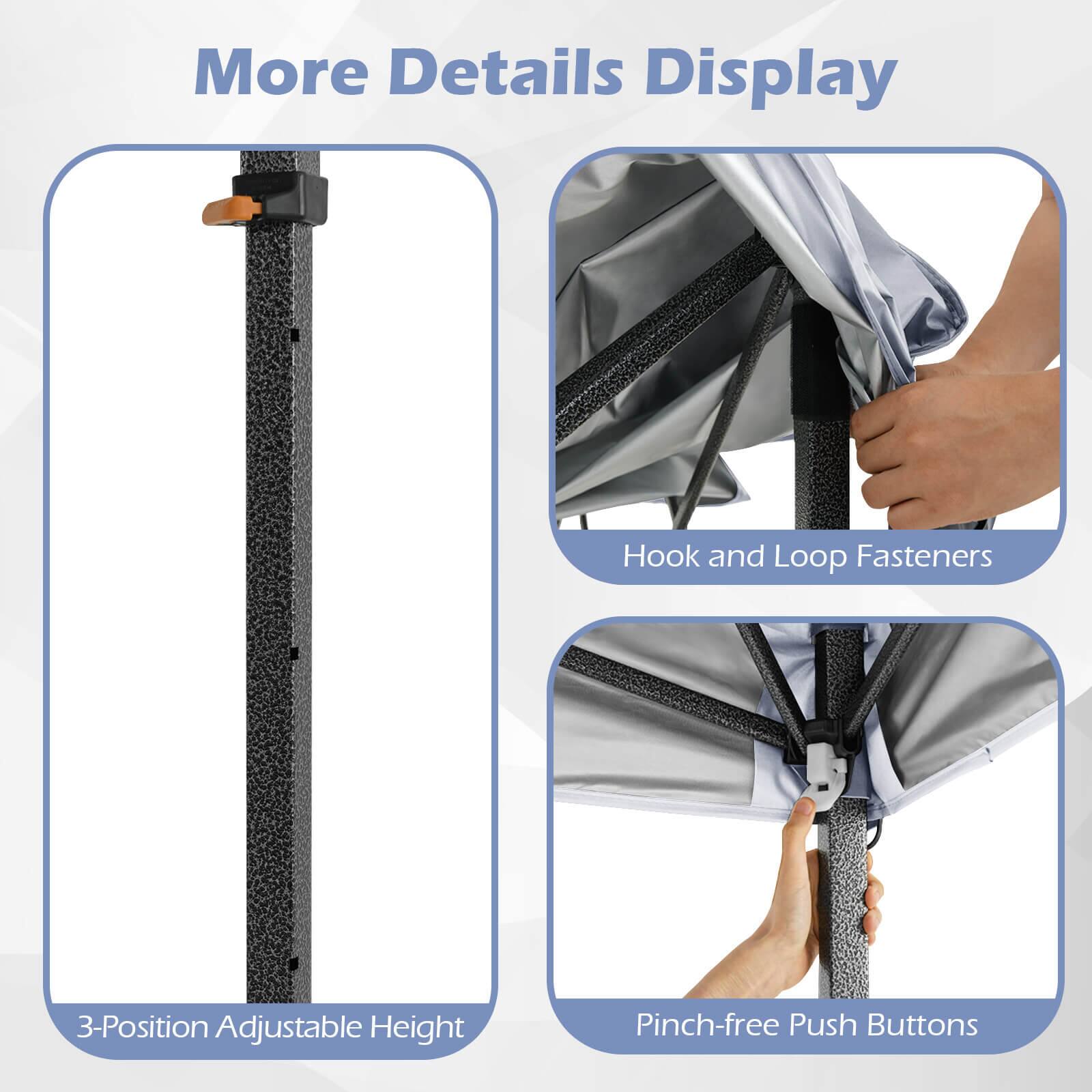 More Details Display

- 3-Position Adjustable Height
- Hook and Loop Fasteners
- Pinch-free Push Buttons