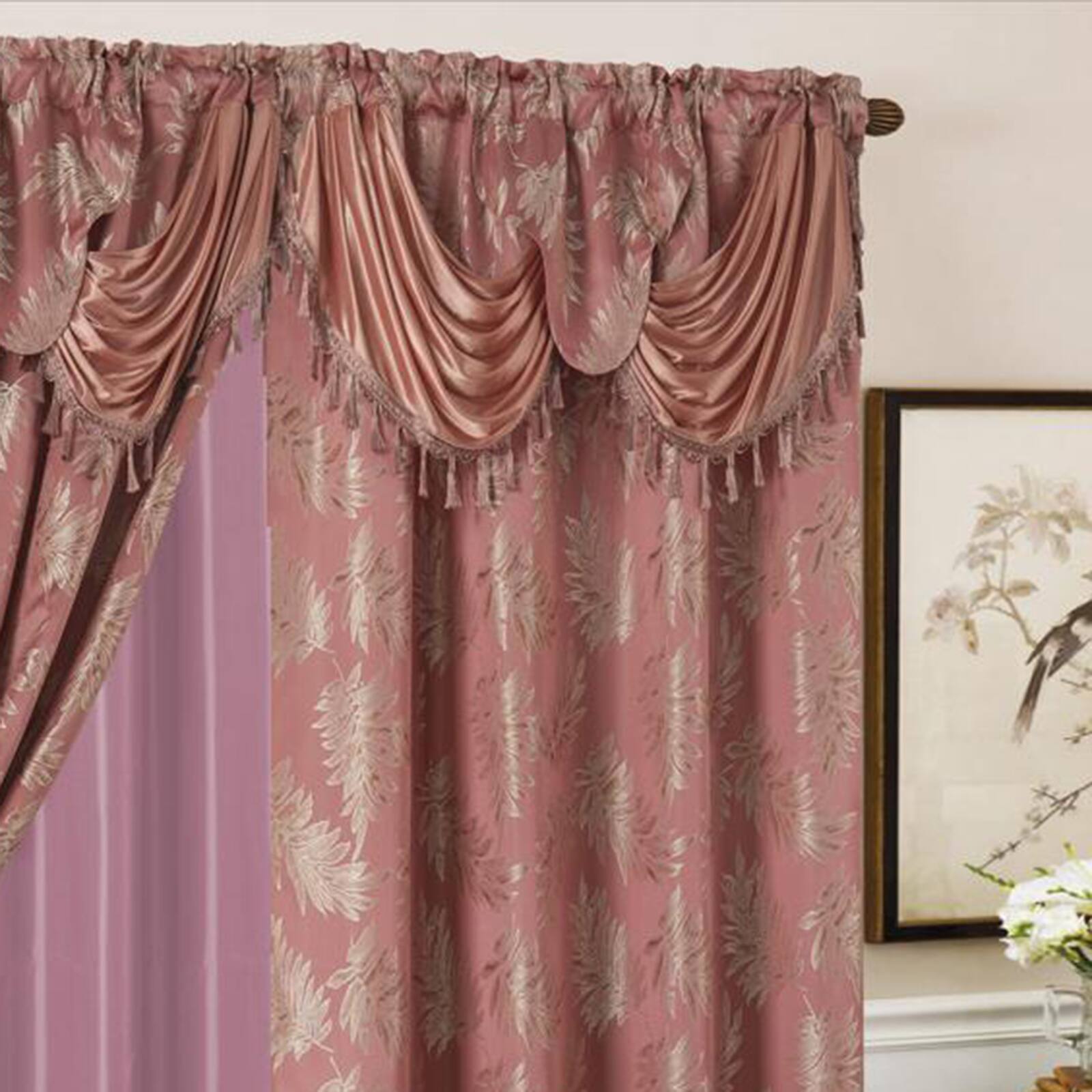 Left. Olivia Gray - Olivia Gray Palm Floral Textured Jacquard 54 x 84 in. Single Rod Pocket Curtain Panel Valance in Rose - Rose.