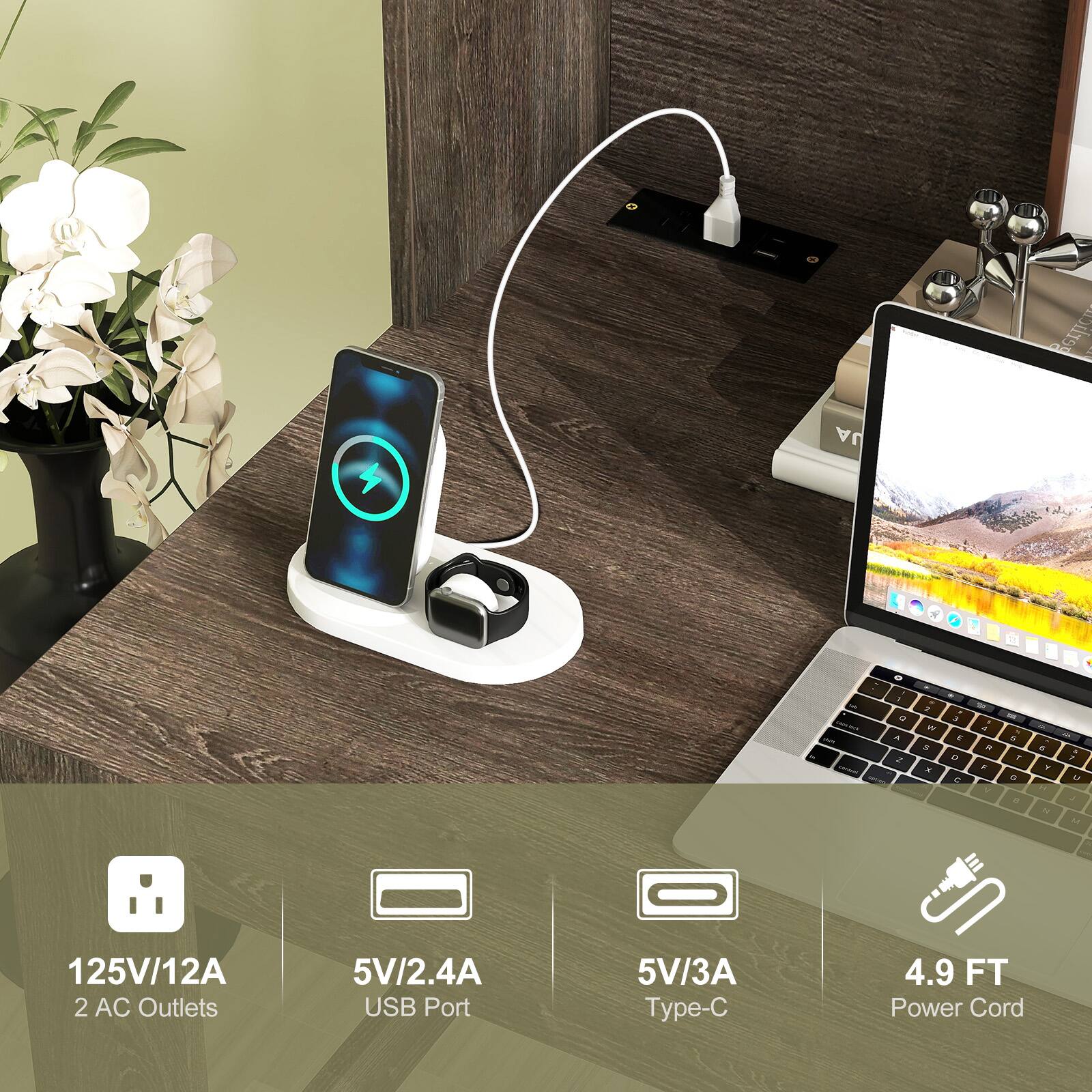 - 125V/12A
- 2 AC Outlets
- 5V/2.4A USB Port
- 5V/3A Type-C
- 4.9 FT Power Cord