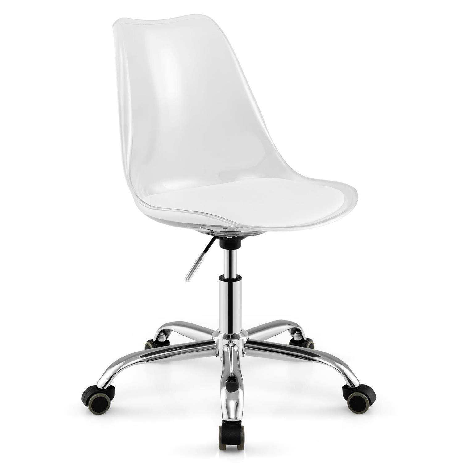 Front. Pefilos - Armless Rolling Office Chair - Swivel Seat Anti-Scratch Wheels, Clear PET Material, PU Leather Cushion - White.
