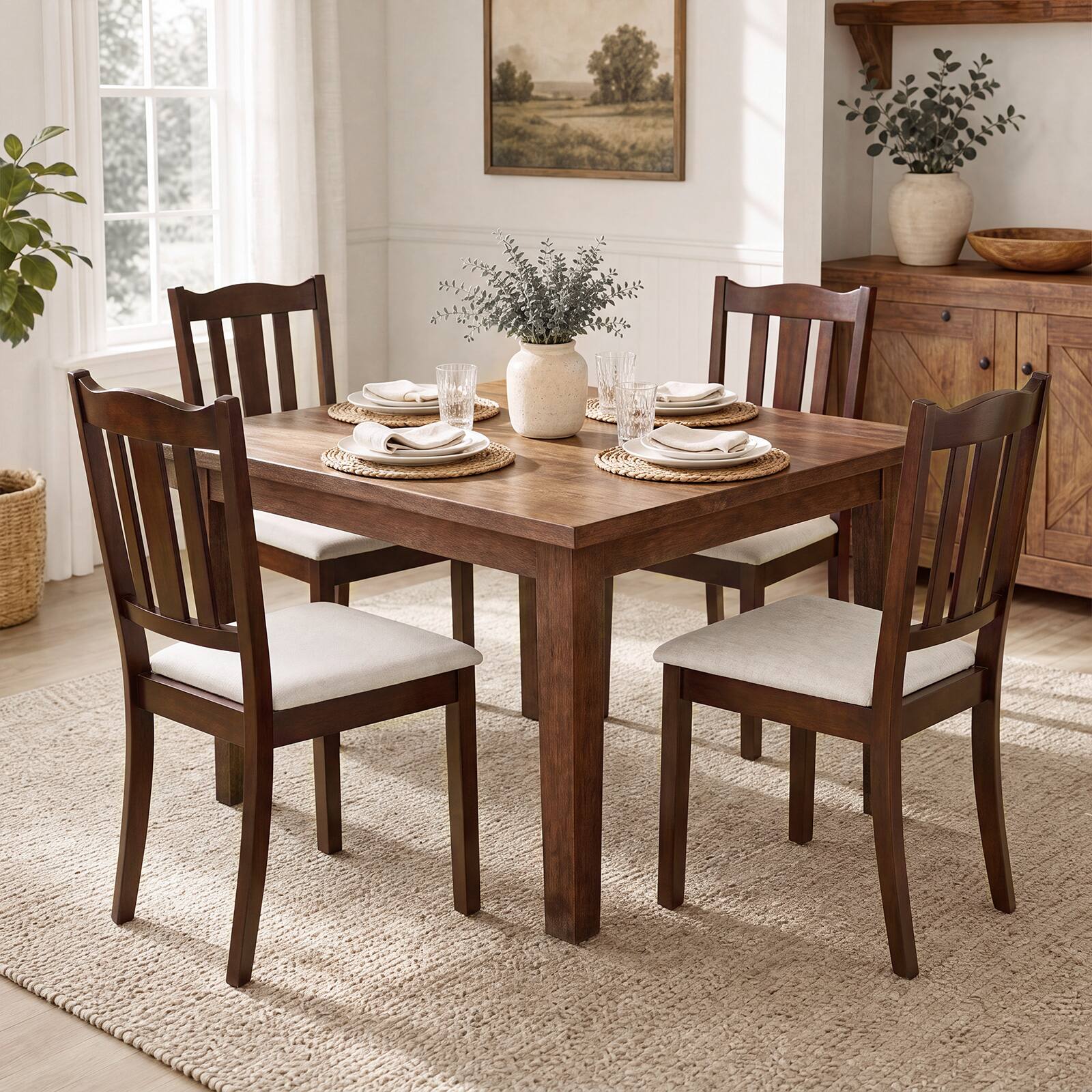 Alt View 5. Costway - Costway Wooden Dining Chair Set of 2 with Hollow Back & Soft-padded Cushion for Kitchen - Walnut + Beige.