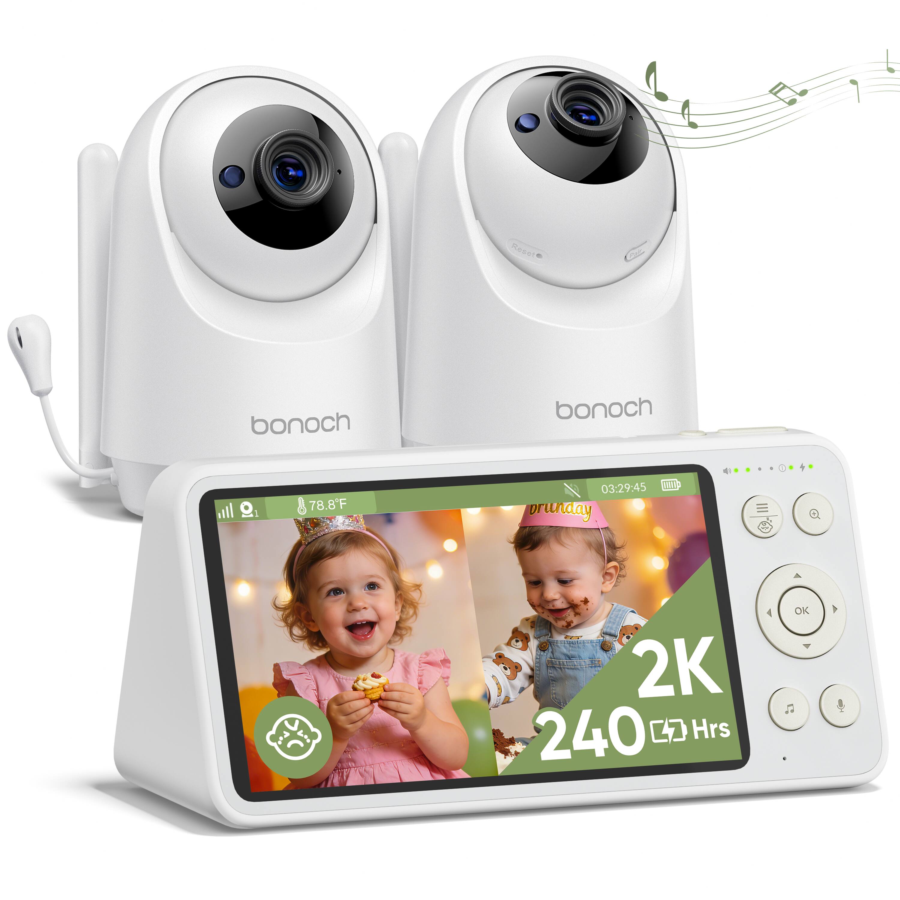 bonoch - 2K Baby Monitor with 2 Cameras and 5.5'' Split Screen 240h Lasting No WiFi Dual Video Monitor - White