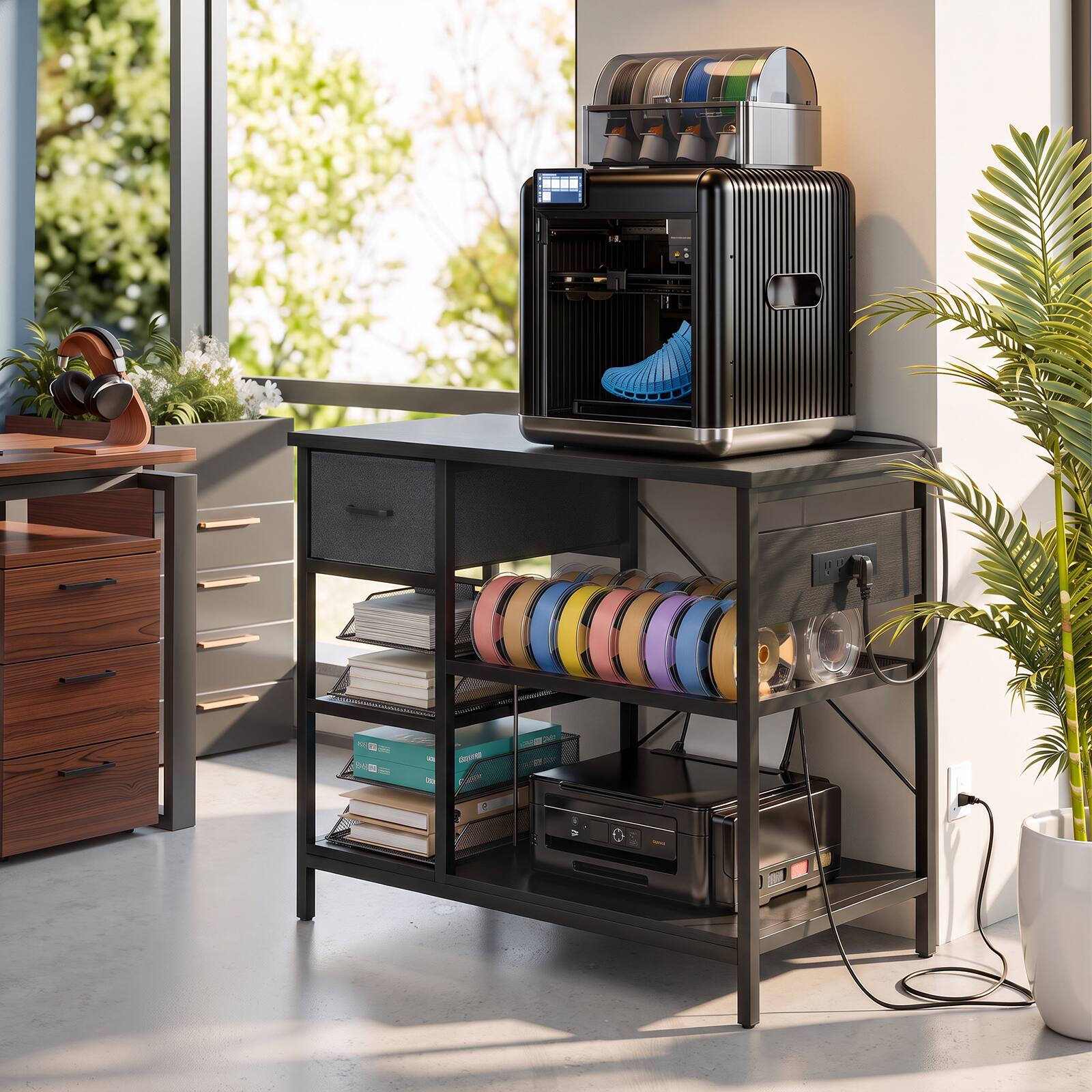 Alt View 3. Aheaplus - 3D Printer Stand with Filament Starage and Charging Station, 3-Tier 3D Printer Tabel with Fabric Drawer - Black.