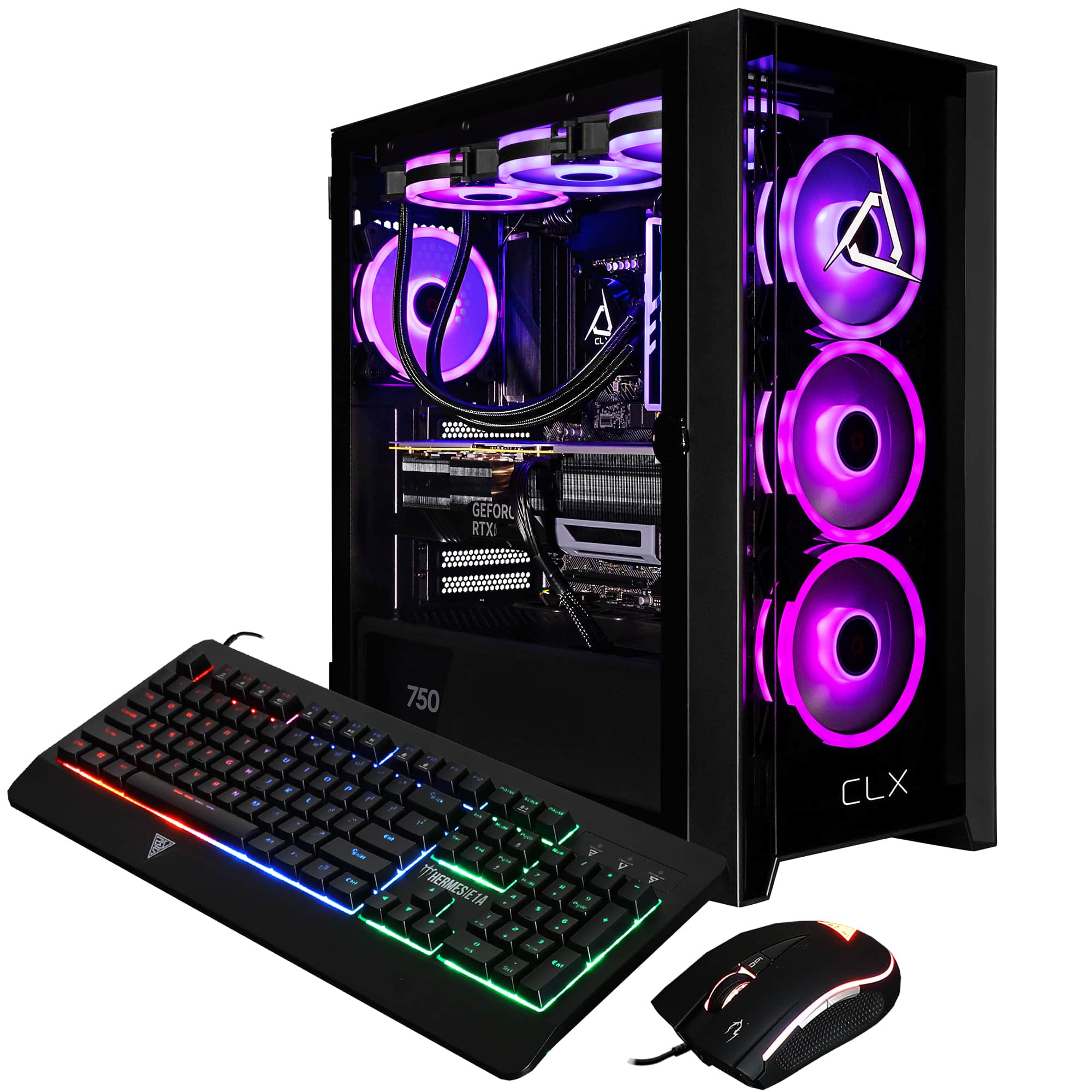 The image features a computer with a keyboard and mouse placed in front of it. The keyboard is black and has a colorful design, while the mouse is also black. The computer is a gaming system with a purple and black color scheme. The system is equipped with a powerful graphics card, making it suitable for gaming and other demanding tasks. The combination of the colorful keyboard, black mouse, and purple and black gaming system creates an eye-catching and stylish setup.