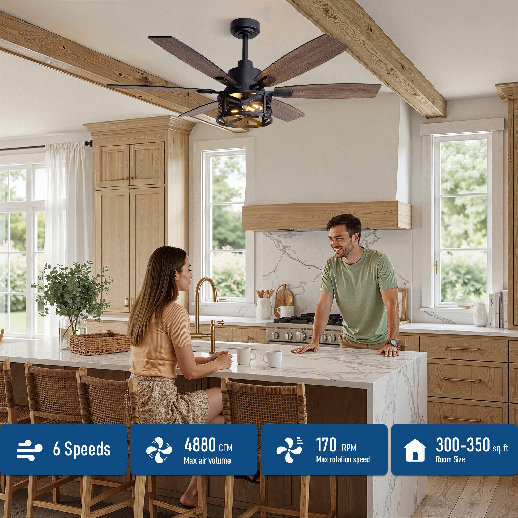 6 Speeds  
4880 CFM Max air volume  
170 RPM Max rotation speed  
300-350 sq. ft Room Size