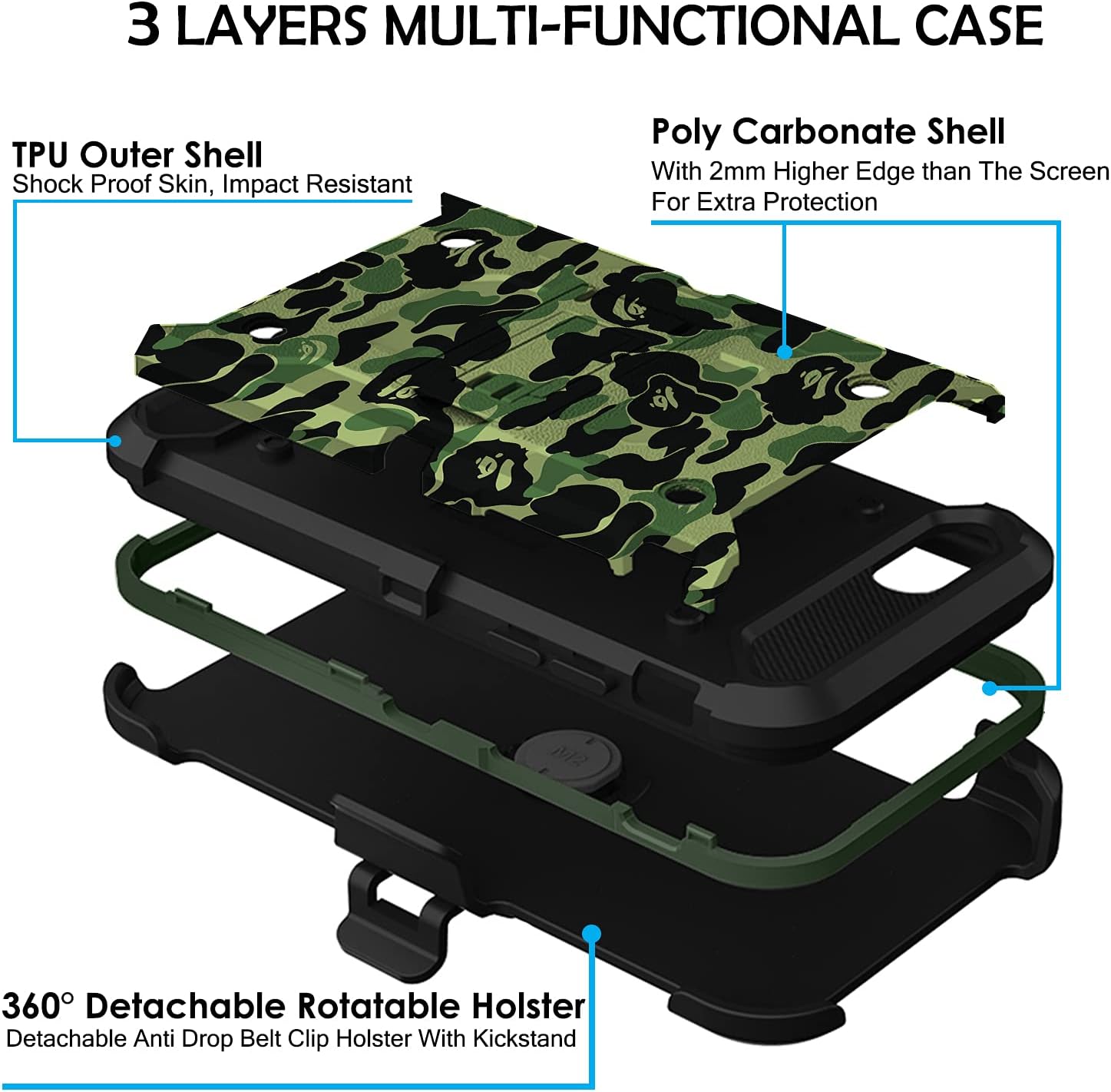 3 LAYERS MULTI-FUNCTIONAL CASE

TPU Outer Shell
Shock Proof Skin, Impact Resistant

Poly Carbonate Shell
With 2mm Higher Edge than The Screen For Extra Protection

360° Detachable Rotatable Holster
Detachable Anti Drop Belt Clip Holster With Kickstand