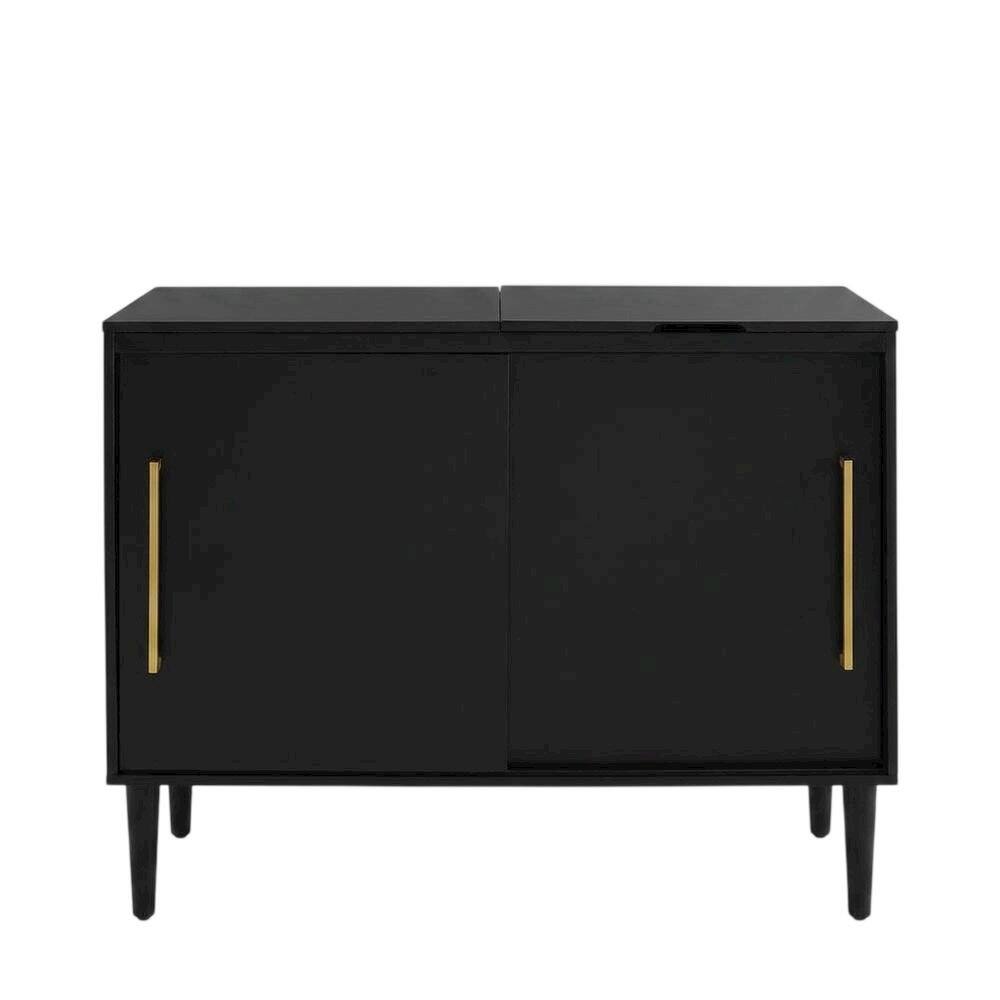 Left. FurniFact - Black Large Record Player Cabinet - Matte Black.