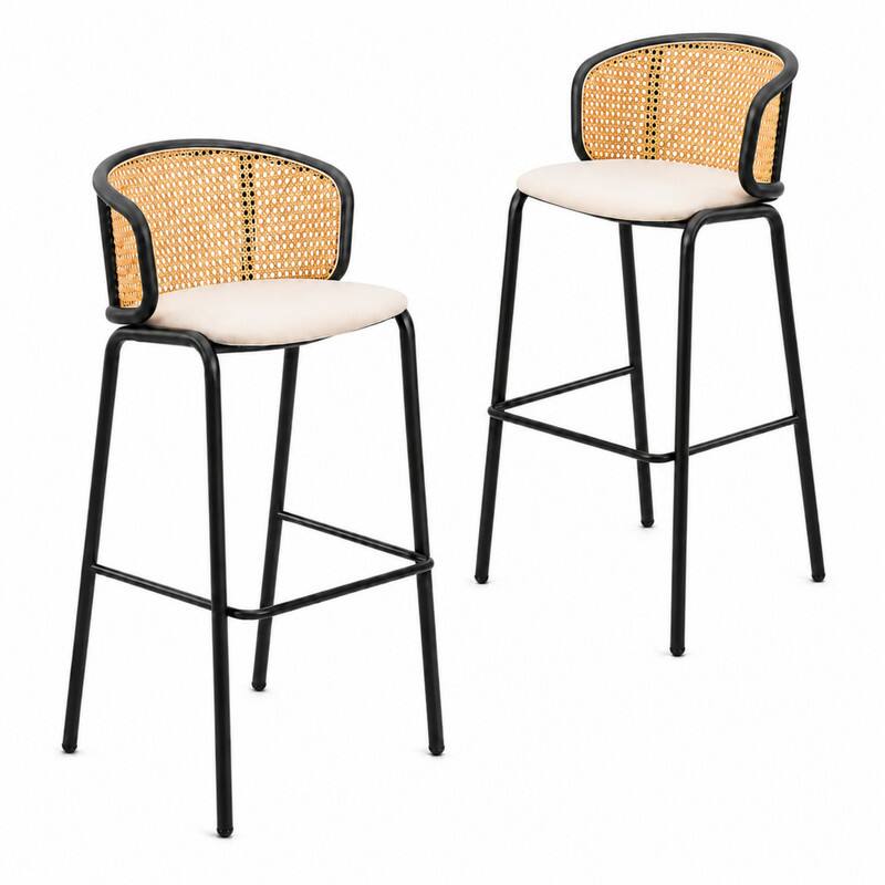 LeisureMod Ervilla Mid Century Modern Wicker Bar Stool, Fabric Seat ...