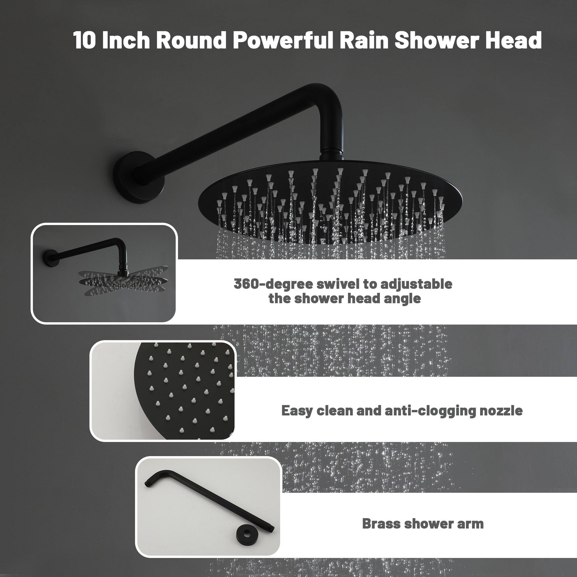10 Inch Round Powerful Rain Shower Head
360-degree swivel to adjustable the shower head angle
Easy clean and anti-clogging nozzle
Brass shower arm