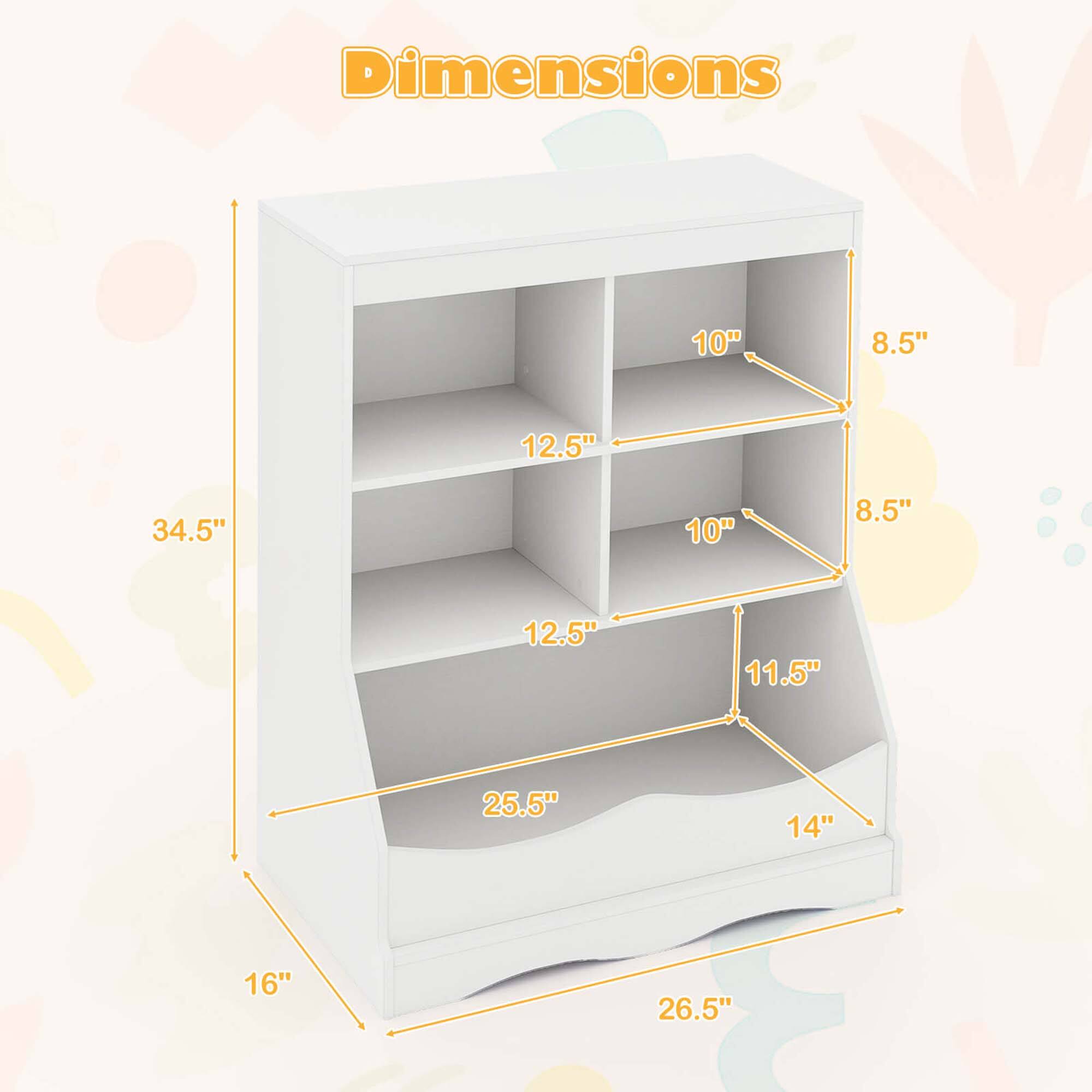 Dimensions:  
- Height: 34.5"  
- Width: 16"  
- Depth: 26.5"  
- Shelf 1: 10" x 8.5"  
- Shelf 2: 10" x 8.5"  
- Shelf 3: 11.5" x 14"  
- Shelf 4: 12.5" x 12.5"  
- Shelf 5: 12.5" x 12.5"  
- Shelf 6: 25.5" x 12.5"