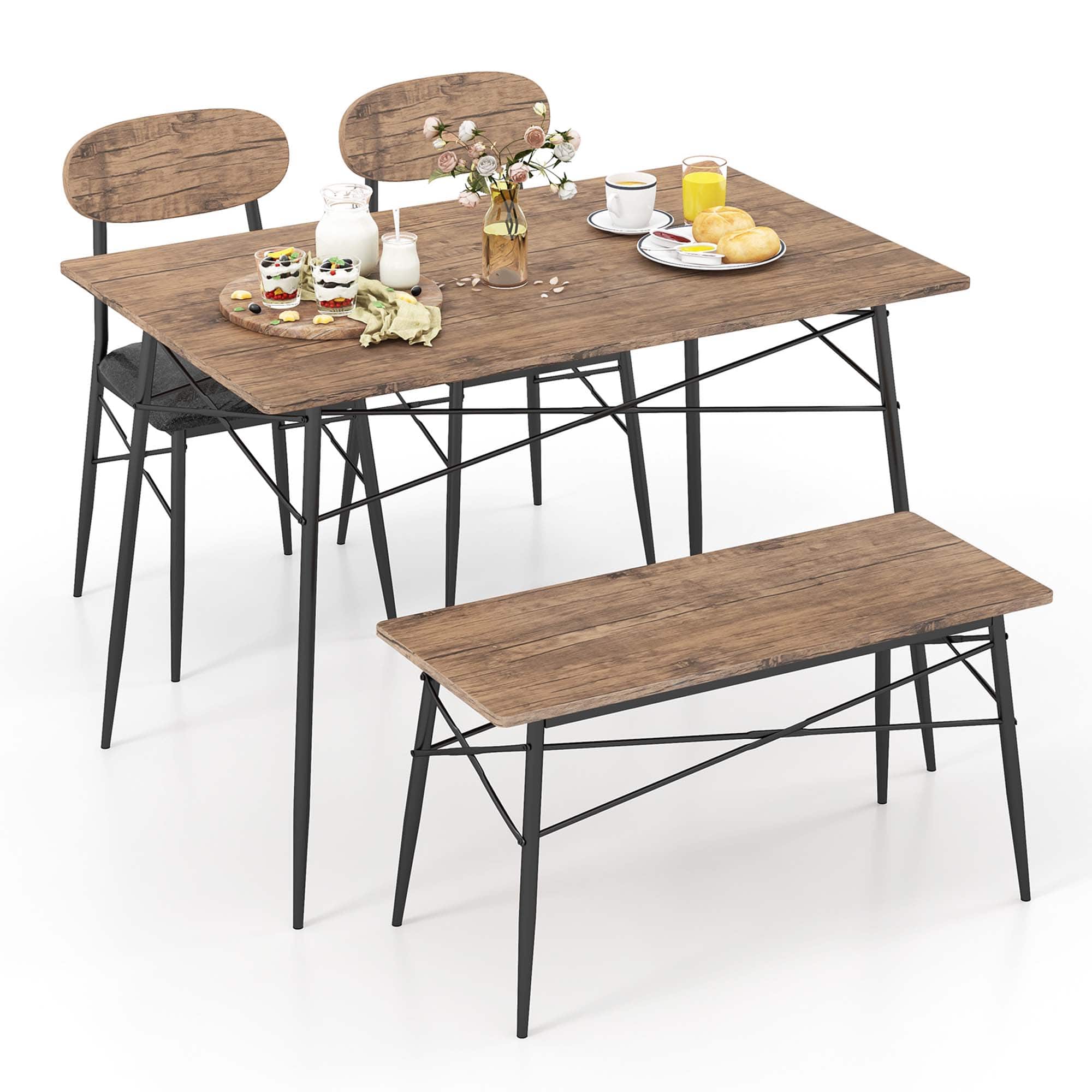 Front. Costway - 4 Piece Dining Table Set with Bench & 2 Faux Leather Upholstered Chairs for Kitchen - Rustic Brown.