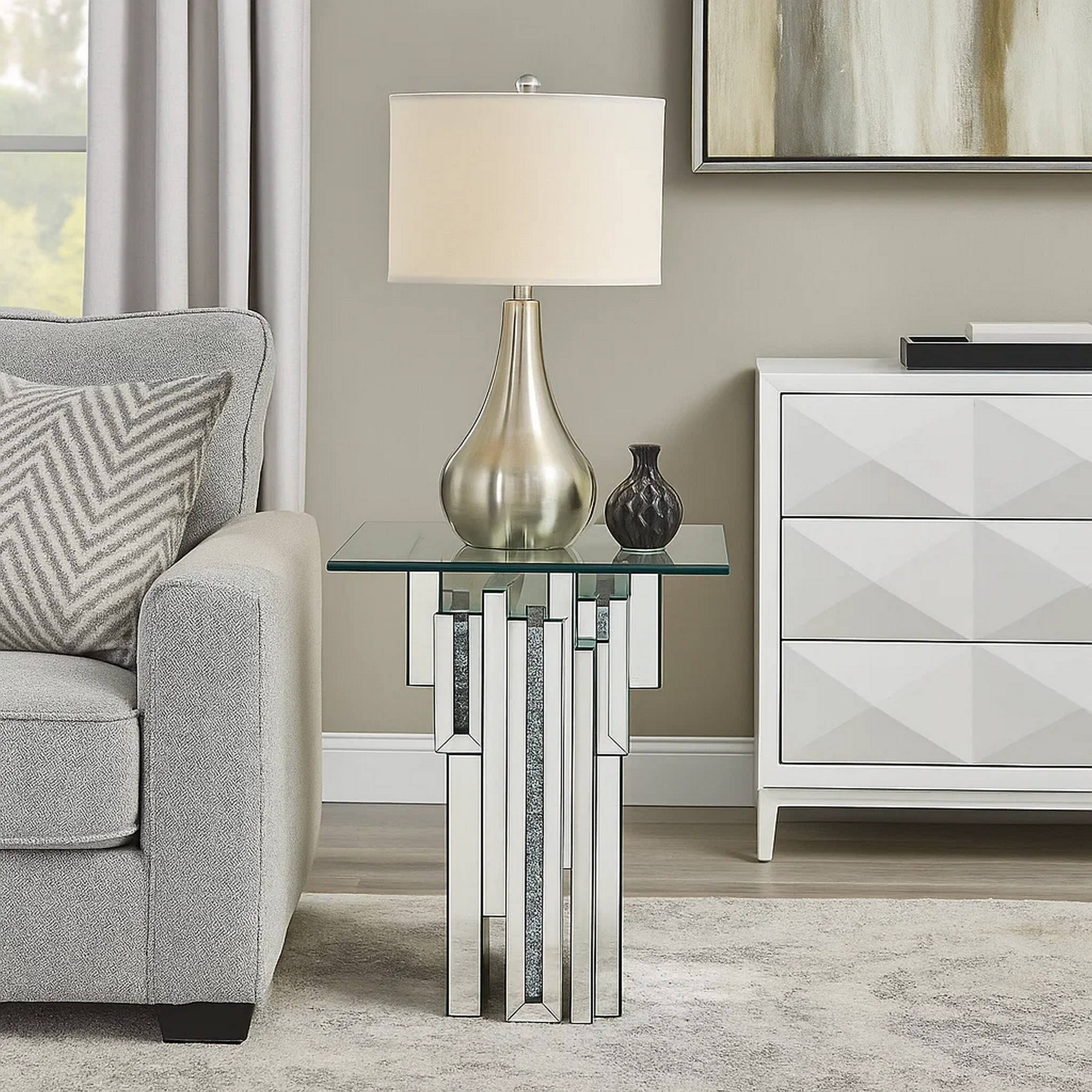 Alt View 6. Manhattan Lane - Glass Top End Table with Mirror Panels and Faux Gemstone Accents - Silver.