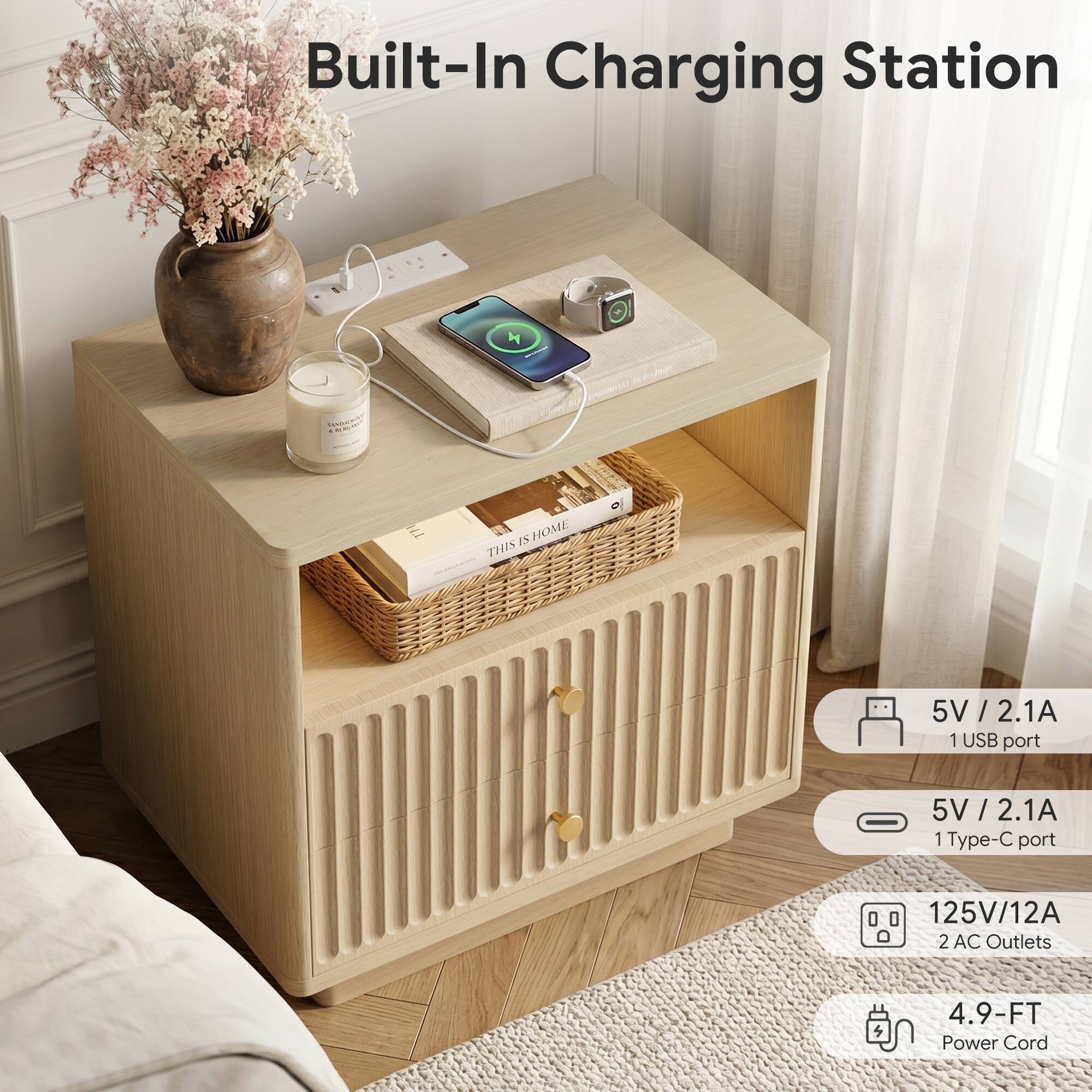Built-In Charging Station by SOOENT

- 1 USB port: 5V / 2.1A
- 1 Type-C port: 5V / 2.1A
- 2 AC Outlets: 125V/12A
- 4.9-FT Power Cord