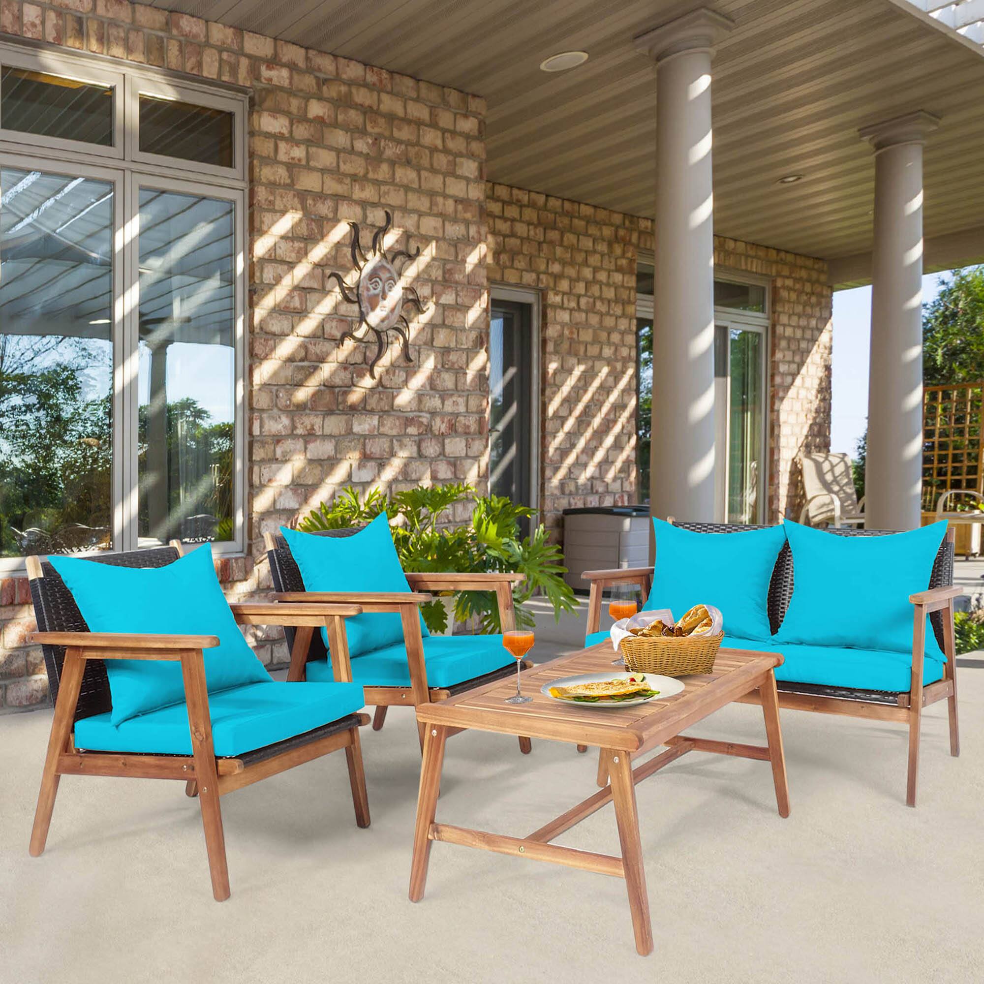 Alt View 4. Gymax - Gymax 8PCS Patio Conversation Set Wood Frame Furniture Set w/ Turquoise Cushions - Turquoise.
