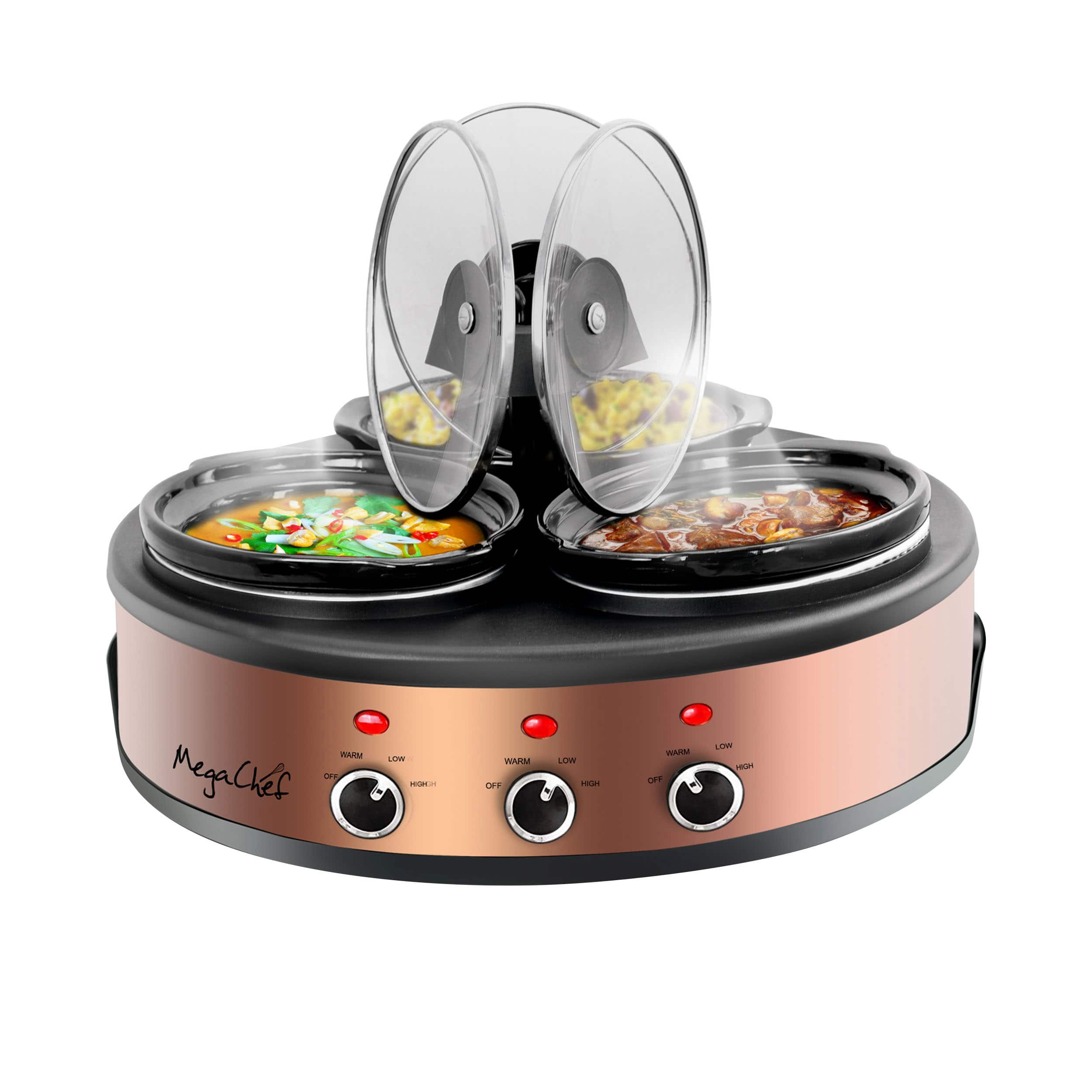 MegaChef - Round Triple 1.5 Quart Slow Cooker and Buffet Server in Brushed and Black - Copper