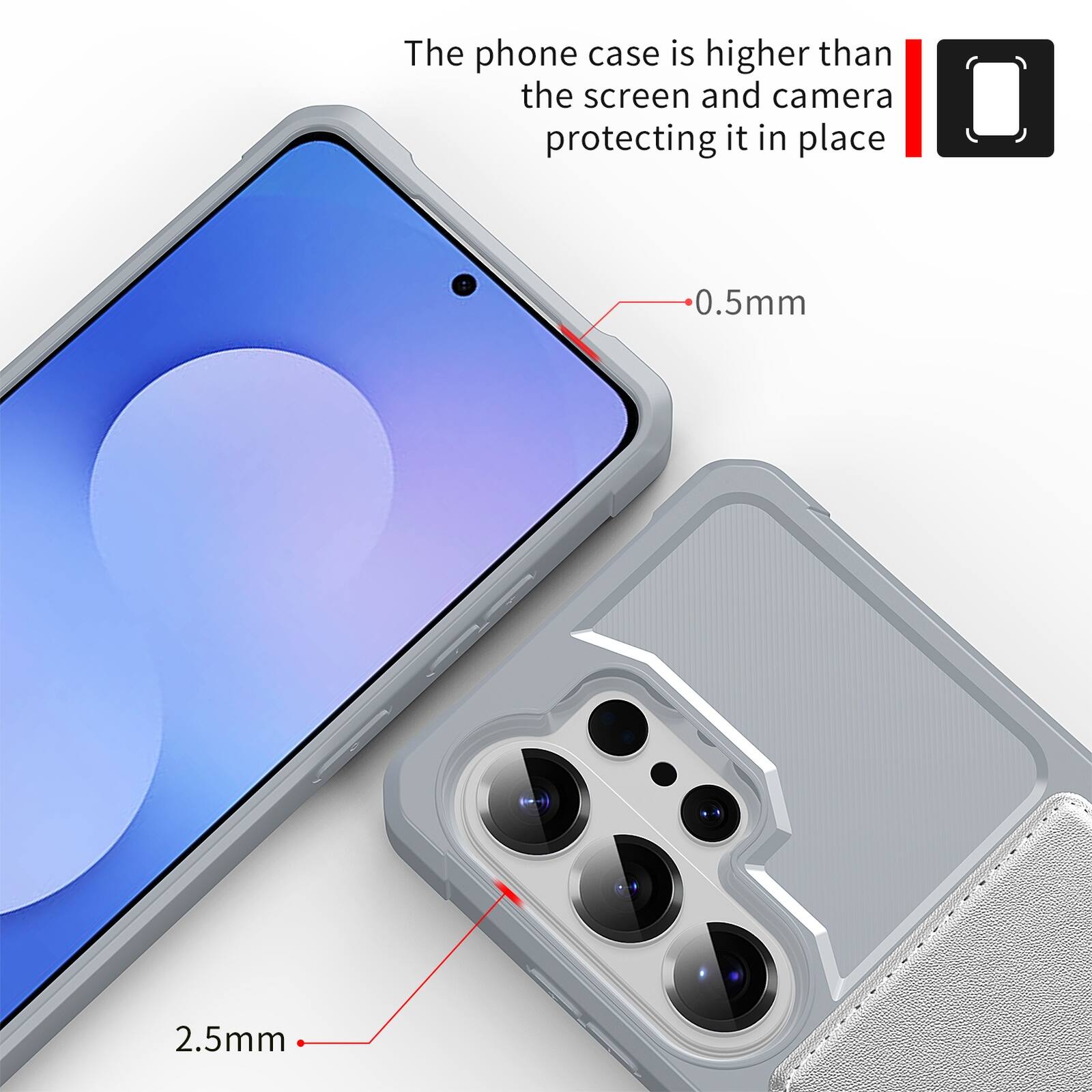 The phone case is higher than the screen and camera protecting it in place.  
0.5mm  
2.5mm