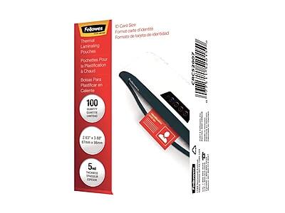 ID Card Size  
Format carte d'identité  
Formato de tarjeta de identidad  
Formato de tarjeta de identidad  

Thermal Laminating Pouches  
Pochettes Pour la Plastification Chaud  
Pouches para Plastificación Caliente  
Bolsas para Plastificar en Caliente  

100 QUANTITY  
100 CARTES  
100 PIEZAS  

2.83" x 3.5"  
67mm x 89mm  

5mil  
5mm  

CRCS2007