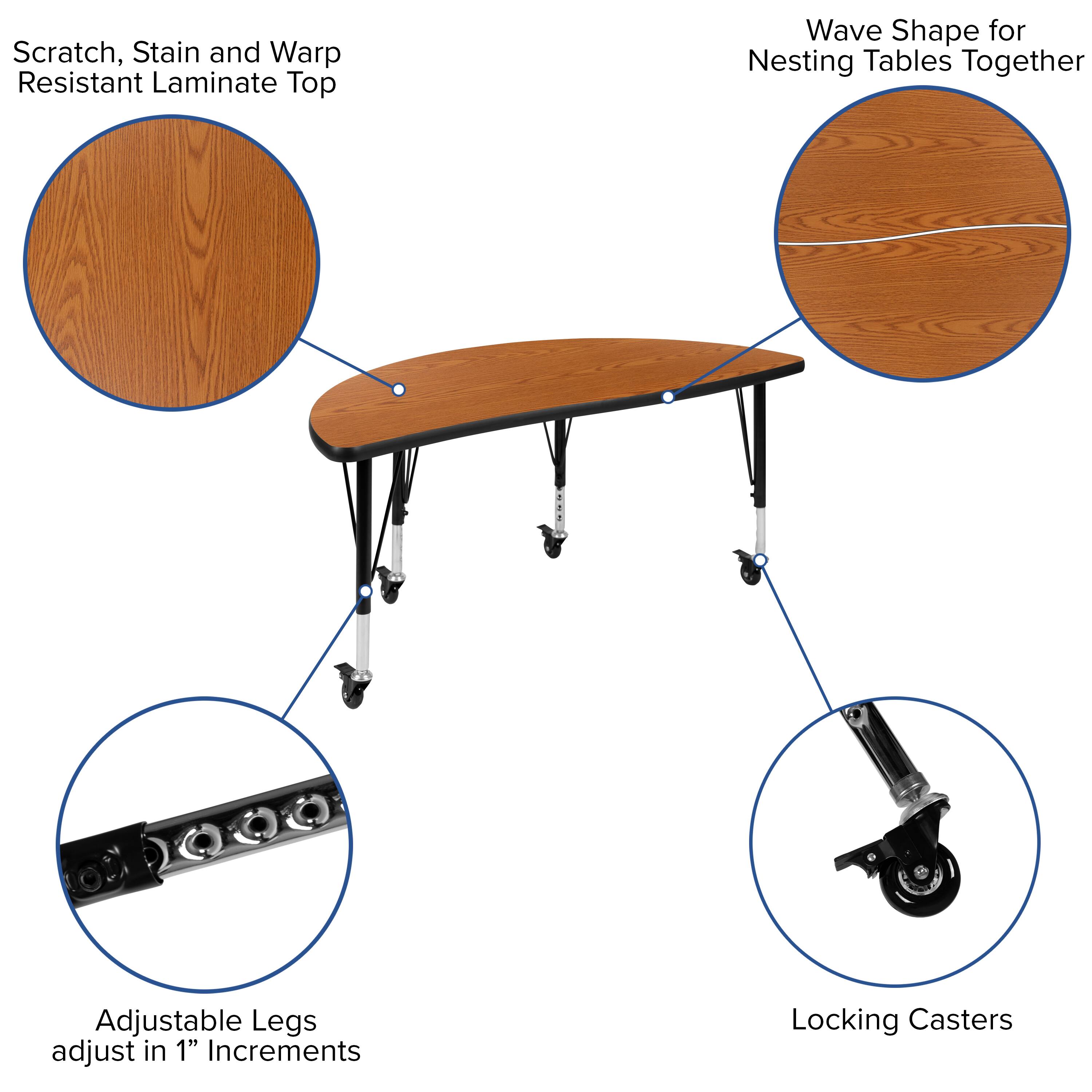 Scratch, Stain and Warp Resistant Laminate Top

Wave Shape for Nesting Tables Together

Adjustable Legs adjust in 1" Increments

Locking Casters